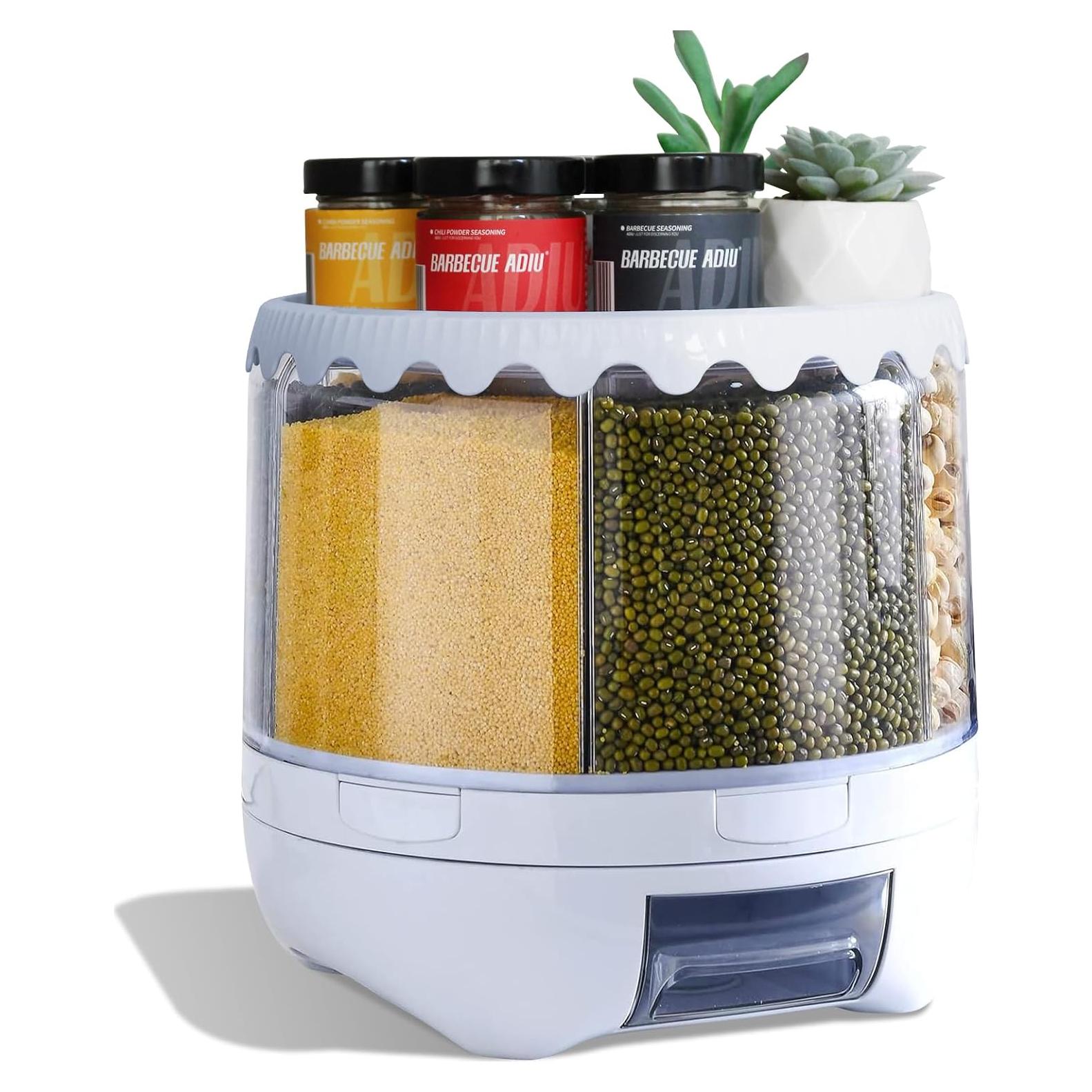 Grain Dispenser, 360° Rotating Storage Container, 6 Grid Food Dispenser with Storage Sealed Lid, Rice Dispenser for Kitchen Grains, Beans, Rice