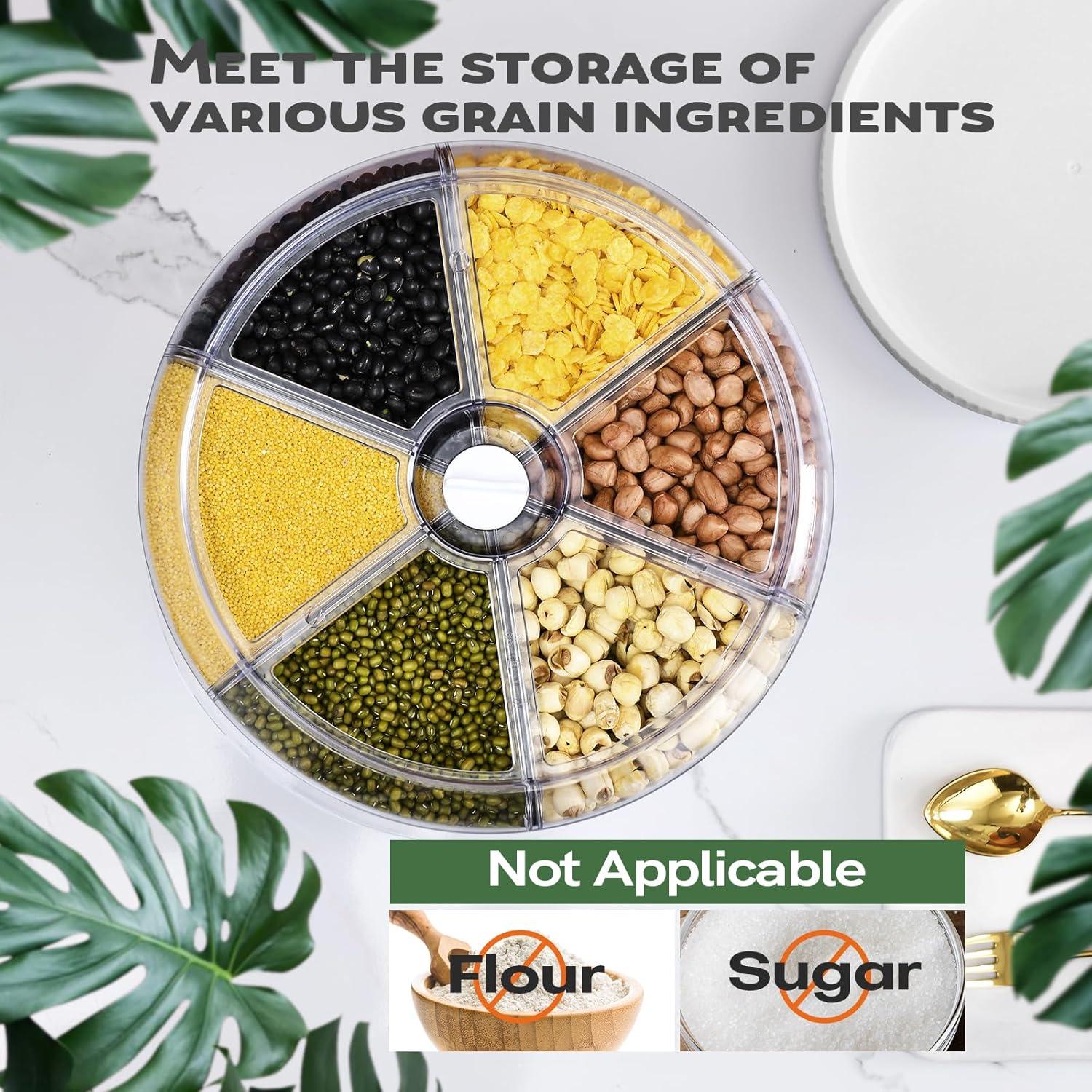 Grain Dispenser, 360° Rotating Storage Container, 6 Grid Food Dispenser with Storage Sealed Lid, Rice Dispenser for Kitchen Grains, Beans, Rice