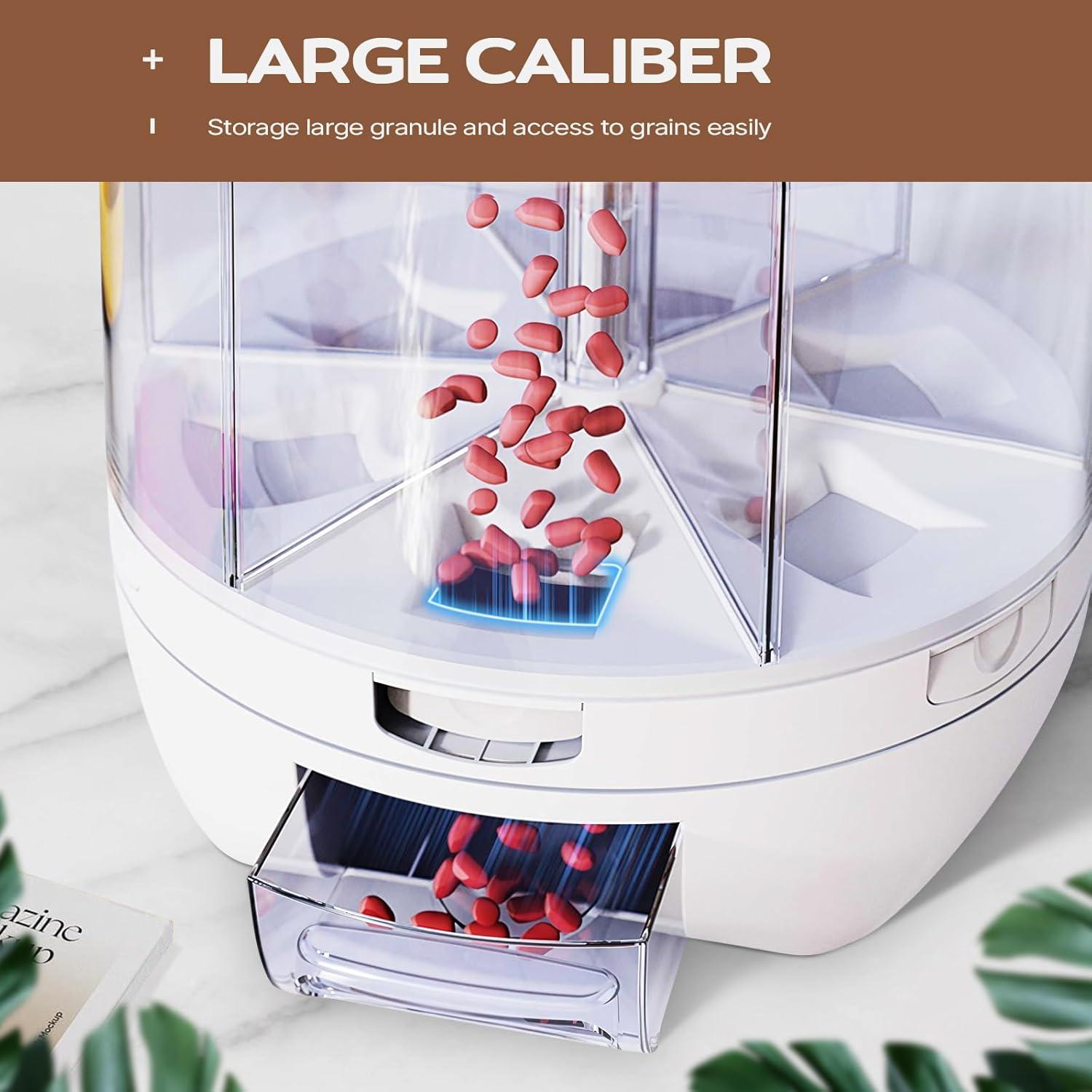 Grain Dispenser, 360° Rotating Storage Container, 6 Grid Food Dispenser with Storage Sealed Lid, Rice Dispenser for Kitchen Grains, Beans, Rice