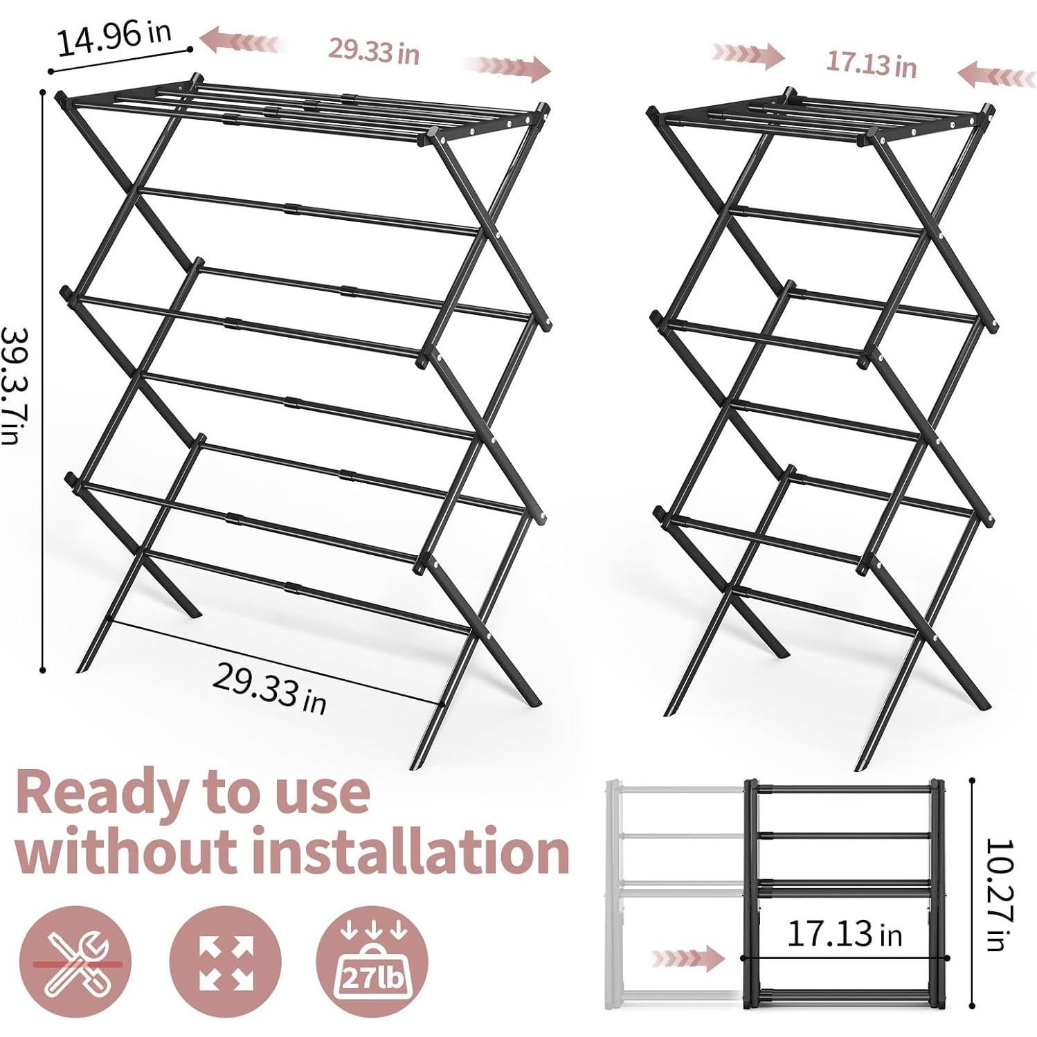 Estante para Secar Ropa APEXCHASER Expandible 3 Niveles Metal Negro