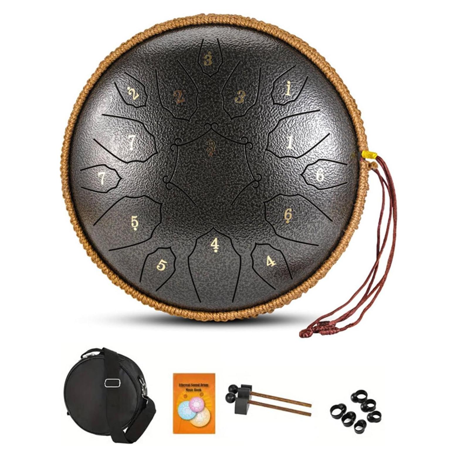 Steel Tongue Drum - 15 Note 12 Inch D Minor Tongue Drum, Adult's Steel Drum Instrument - Hand Pan Drums with Music Book, Steel Handpan Drum Mallets and Carry Bag