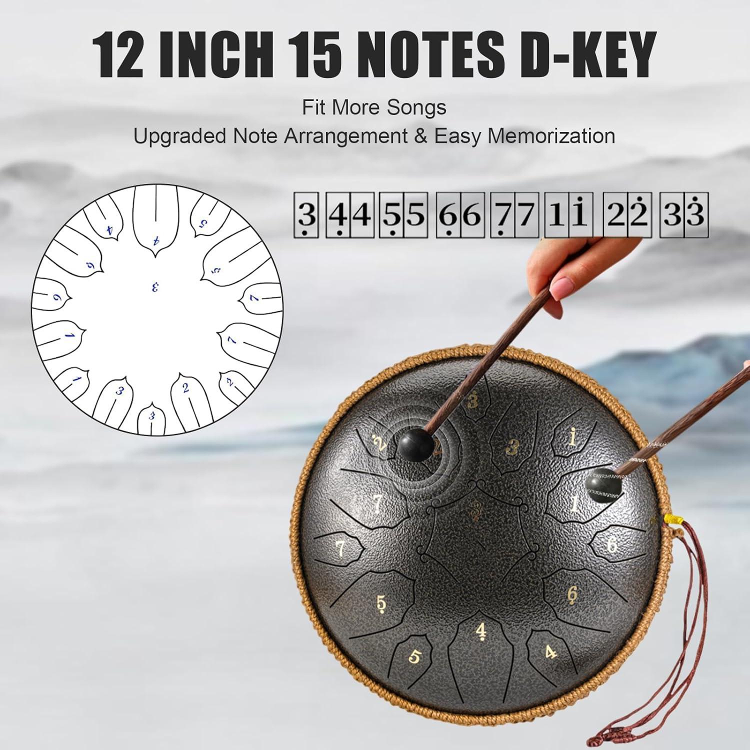 Steel Tongue Drum - 15 Note 12 Inch D Minor Tongue Drum, Adult's Steel Drum Instrument - Hand Pan Drums with Music Book, Steel Handpan Drum Mallets and Carry Bag