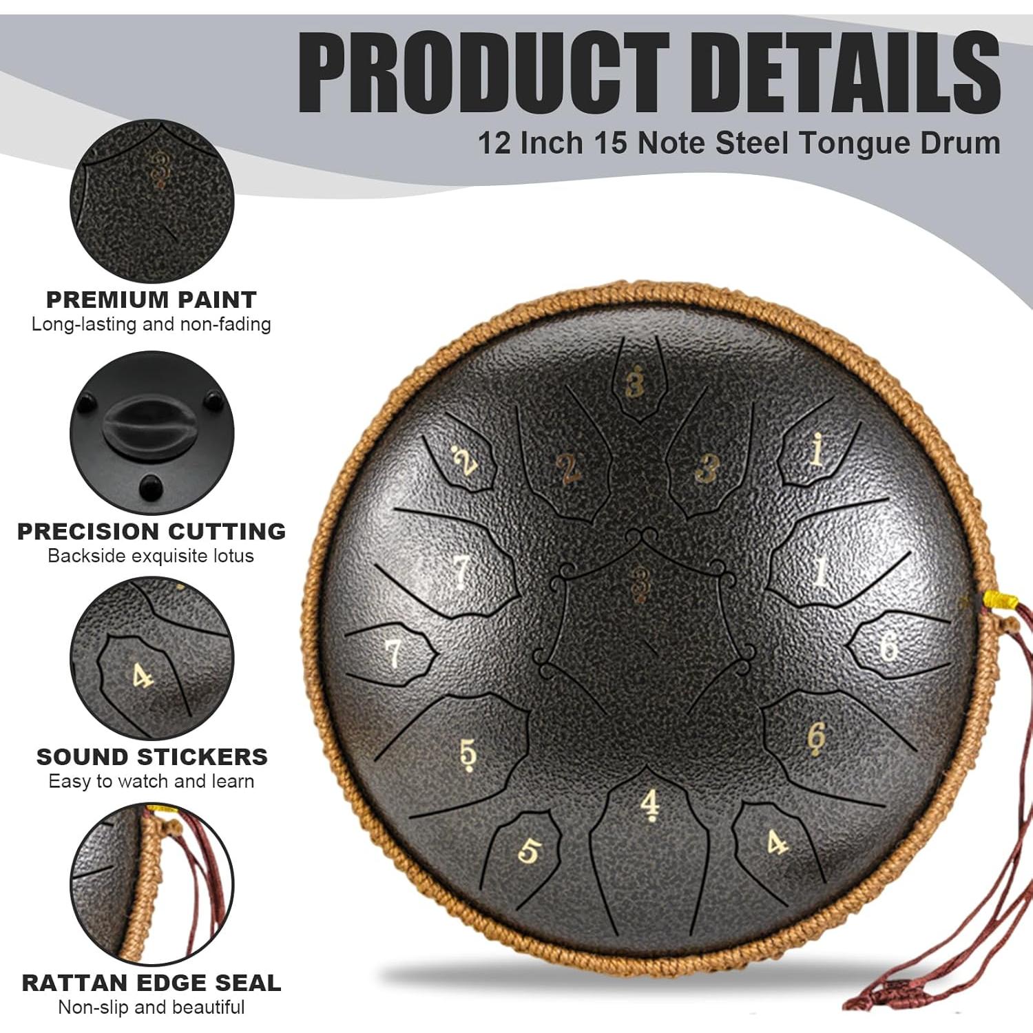 Steel Tongue Drum - 15 Note 12 Inch D Minor Tongue Drum, Adult's Steel Drum Instrument - Hand Pan Drums with Music Book, Steel Handpan Drum Mallets and Carry Bag