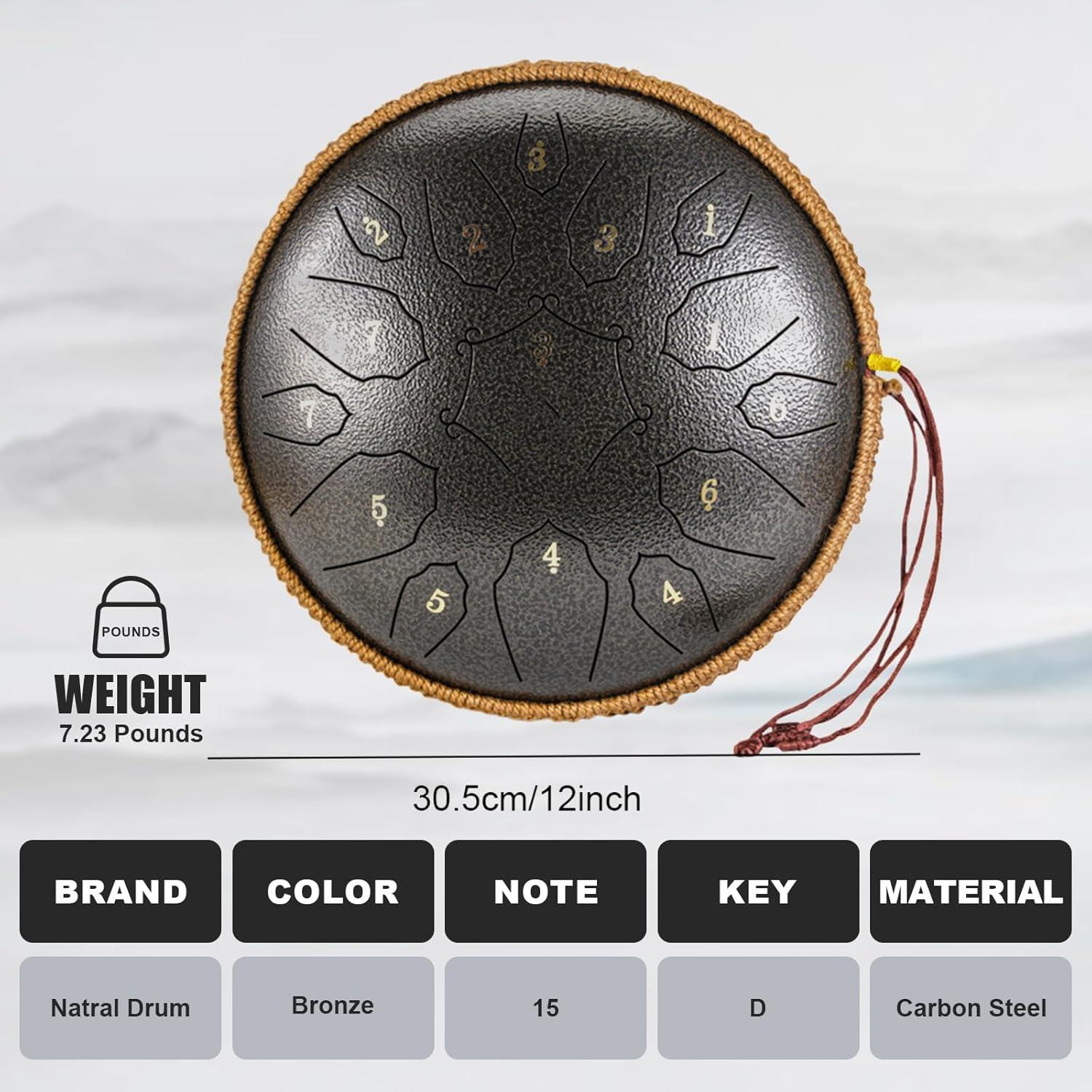 Steel Tongue Drum - 15 Note 12 Inch D Minor Tongue Drum, Adult's Steel Drum Instrument - Hand Pan Drums with Music Book, Steel Handpan Drum Mallets and Carry Bag