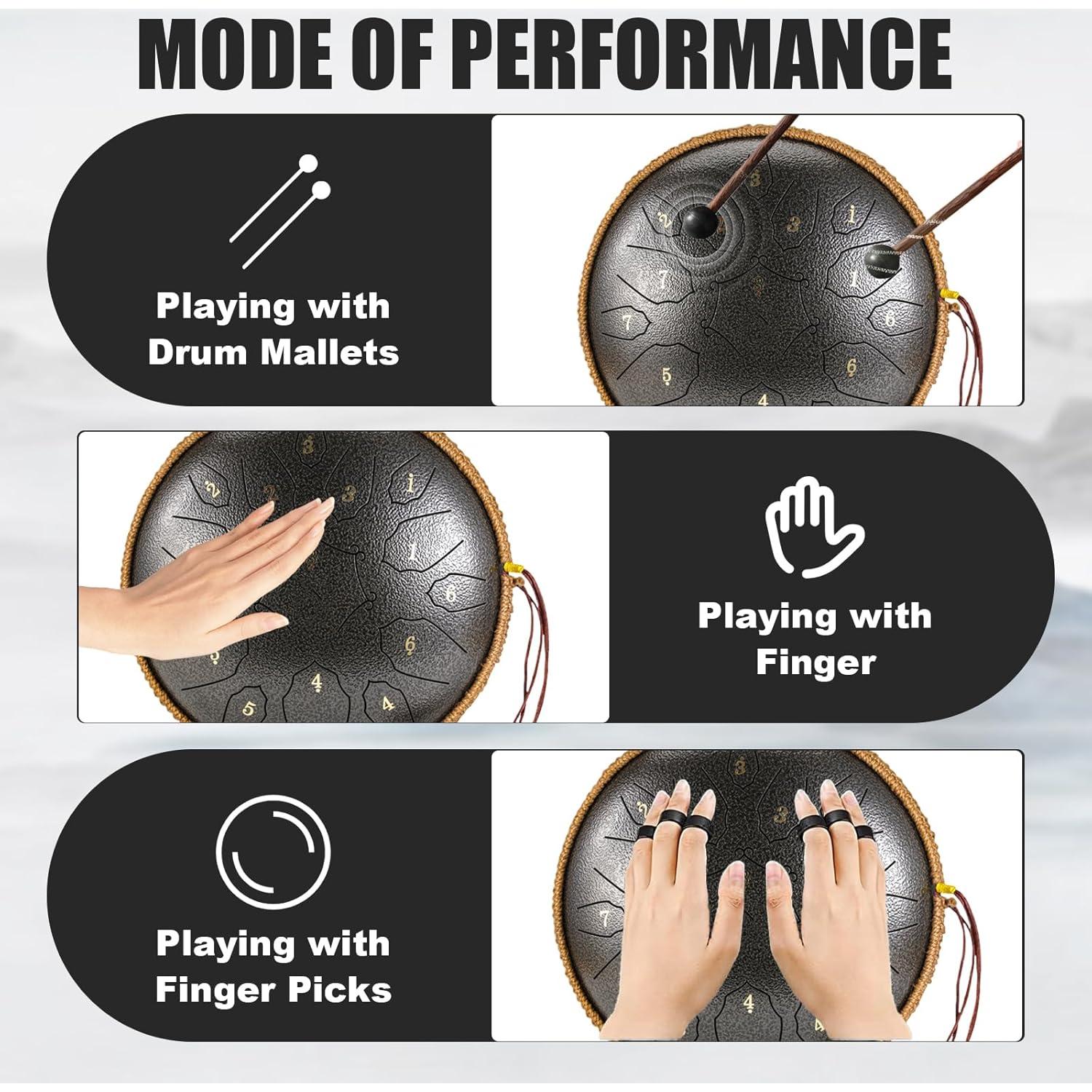 Steel Tongue Drum - 15 Note 12 Inch D Minor Tongue Drum, Adult's Steel Drum Instrument - Hand Pan Drums with Music Book, Steel Handpan Drum Mallets and Carry Bag