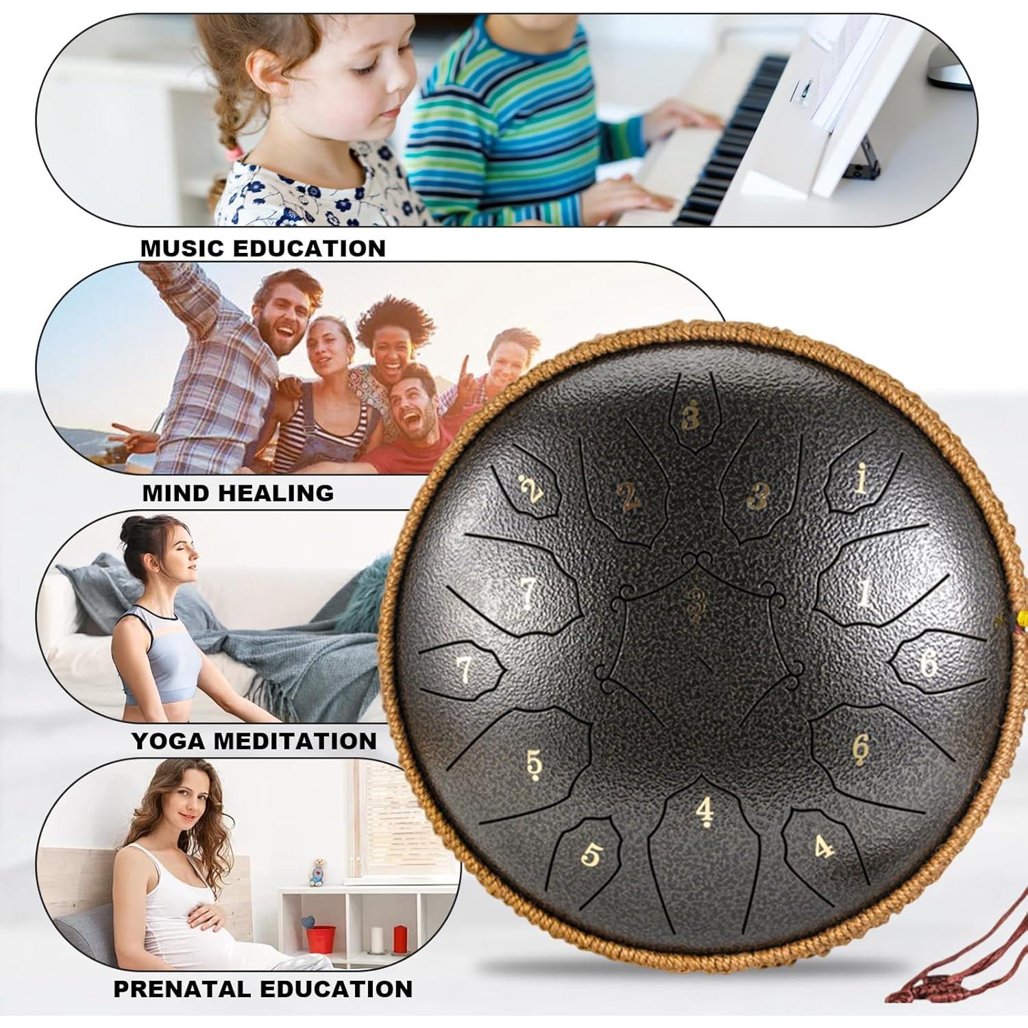 Steel Tongue Drum - 15 Note 12 Inch D Minor Tongue Drum, Adult's Steel Drum Instrument - Hand Pan Drums with Music Book, Steel Handpan Drum Mallets and Carry Bag