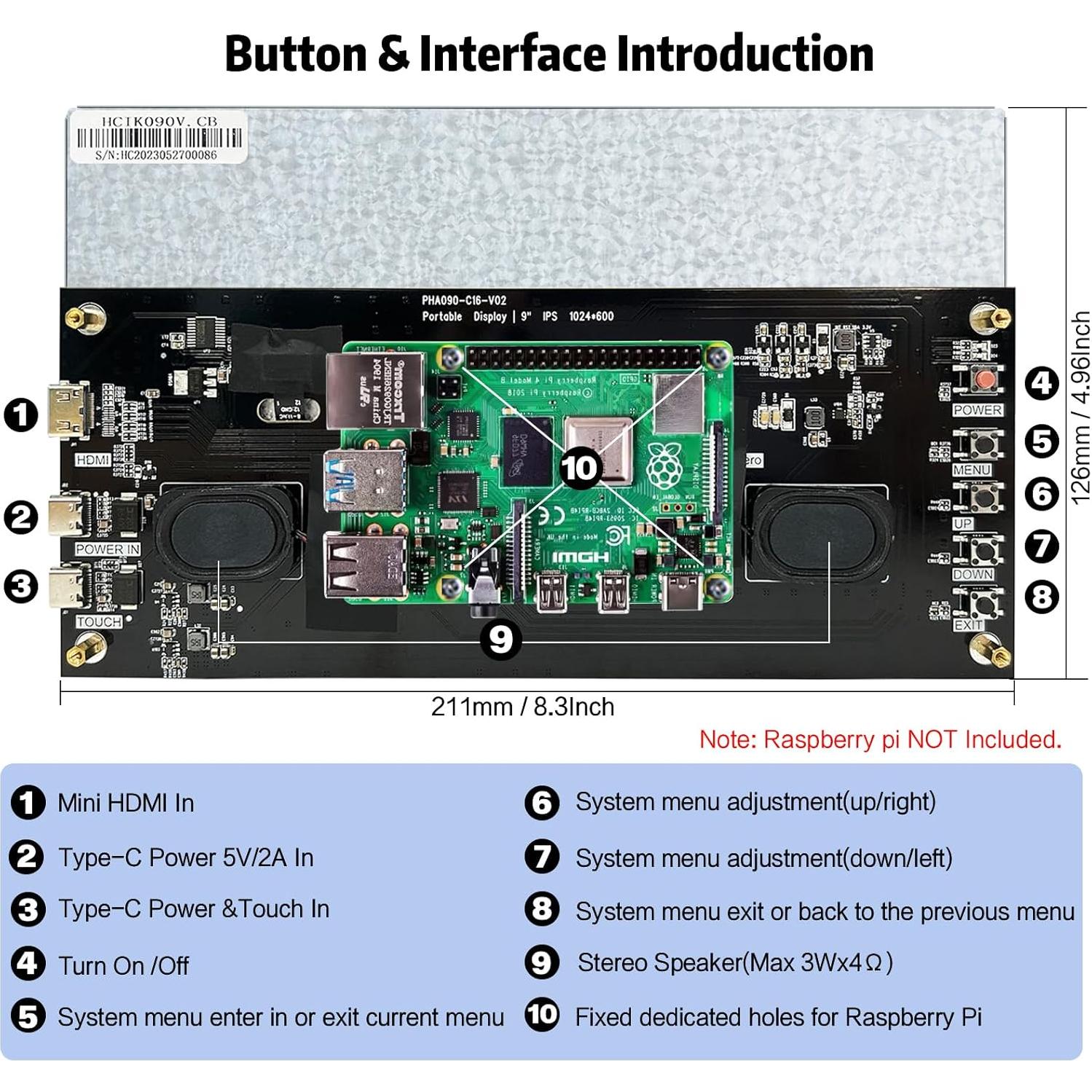 Monitor Táctil 9" HAMTYSAN 1024x600 HDMI para Raspberry Pi/PC