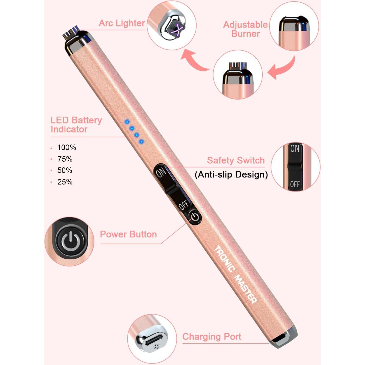 Encendedor Eléctrico Recargable TRONIC MASTER Doble Arco Plasma Oro Rosa