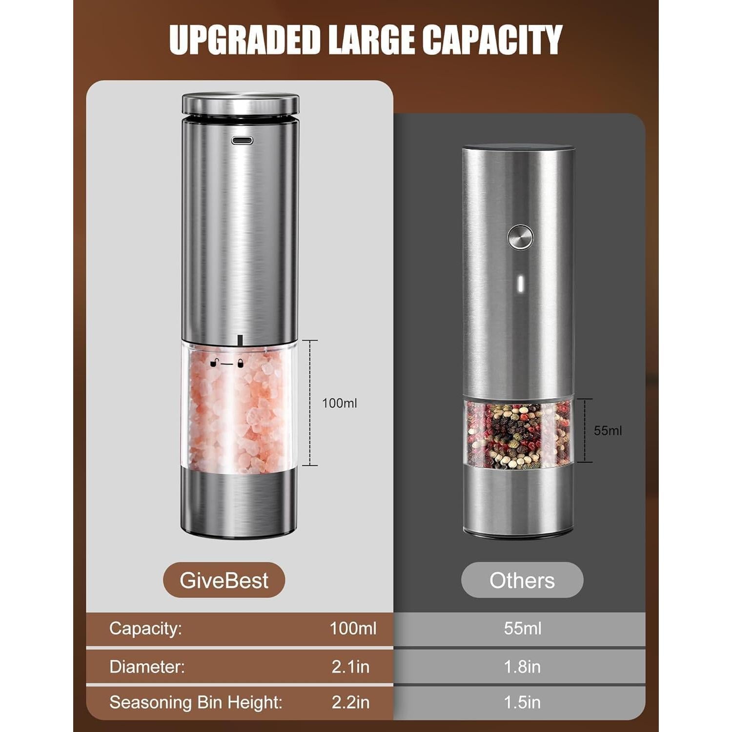 Juego de Molinillos Eléctricos de Sal y Pimienta GiveBest - Acero Inoxidable, 100ml, Recargables