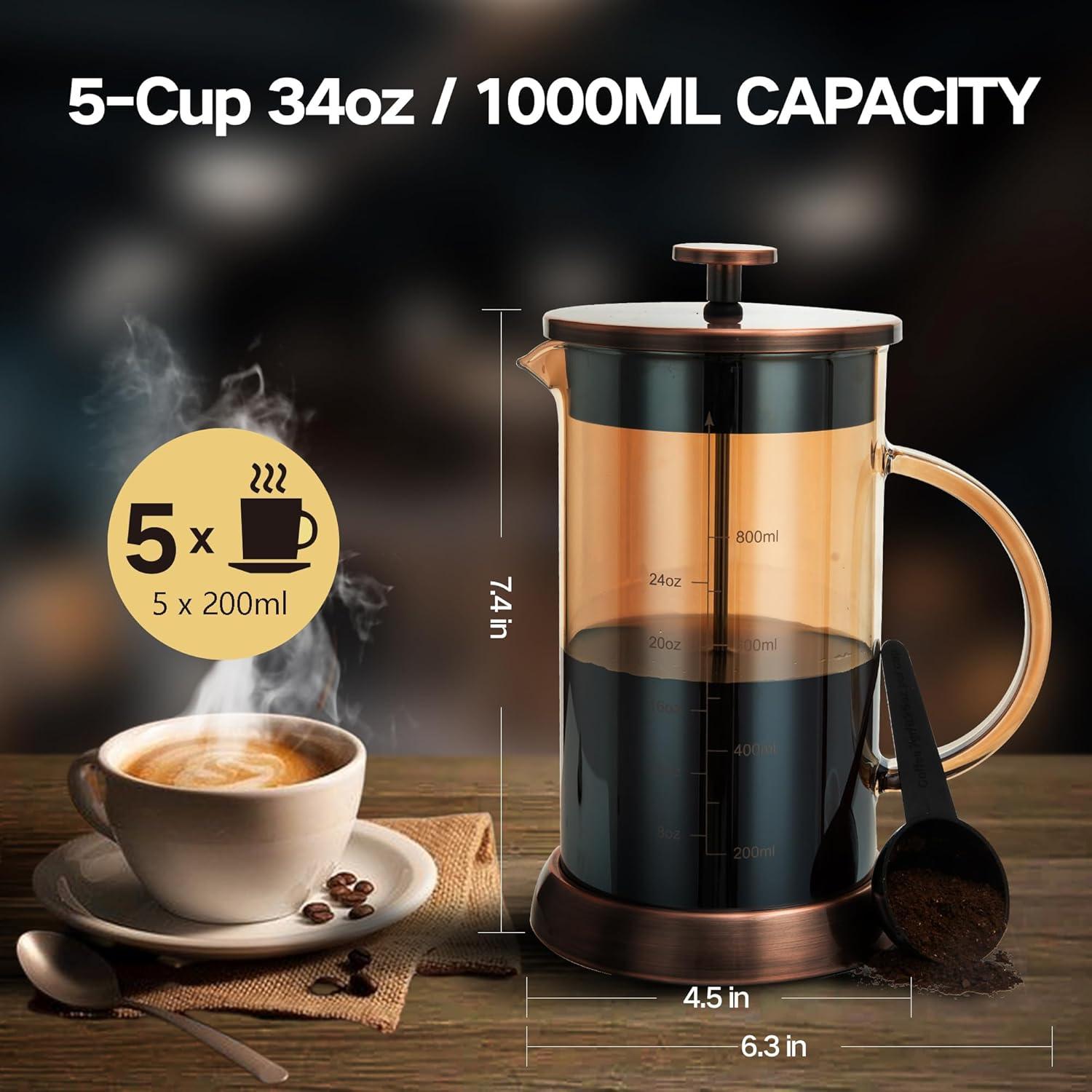 Cafetera Prensa Francesa YMMIND 34 oz Vidrio Borosilicato 5 Tazas