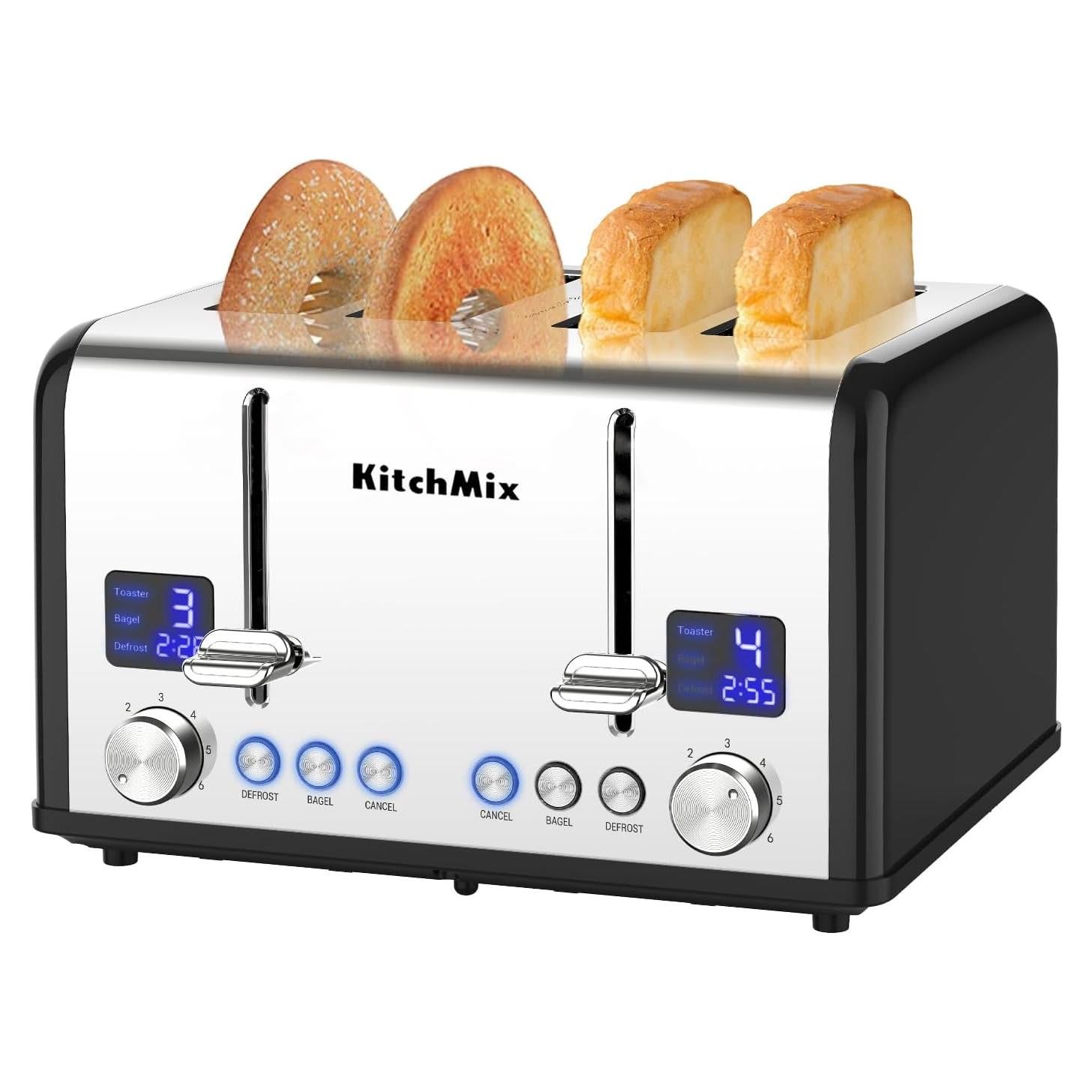 Tostadora KitchMix de 4 rebanadas Acero Inoxidable LCD Negro