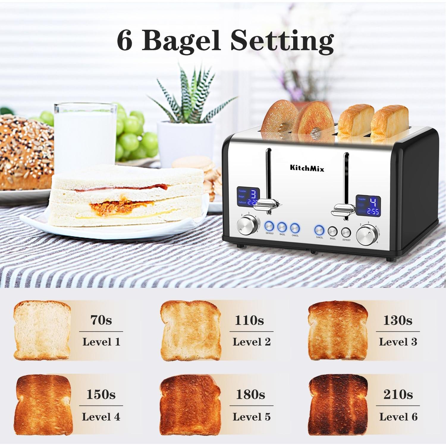 Tostadora KitchMix de 4 rebanadas Acero Inoxidable LCD Negro