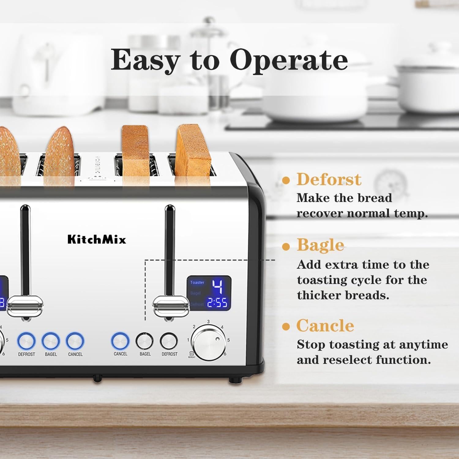 Tostadora KitchMix de 4 rebanadas Acero Inoxidable LCD Negro