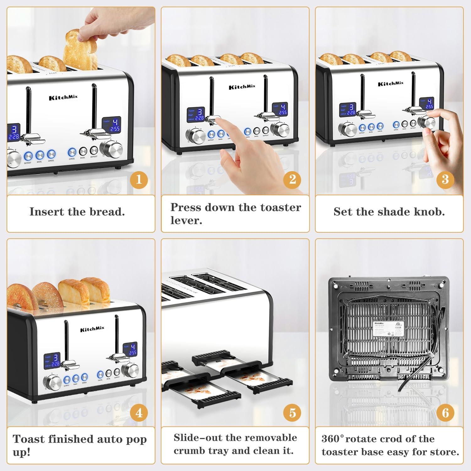 Tostadora KitchMix de 4 rebanadas Acero Inoxidable LCD Negro