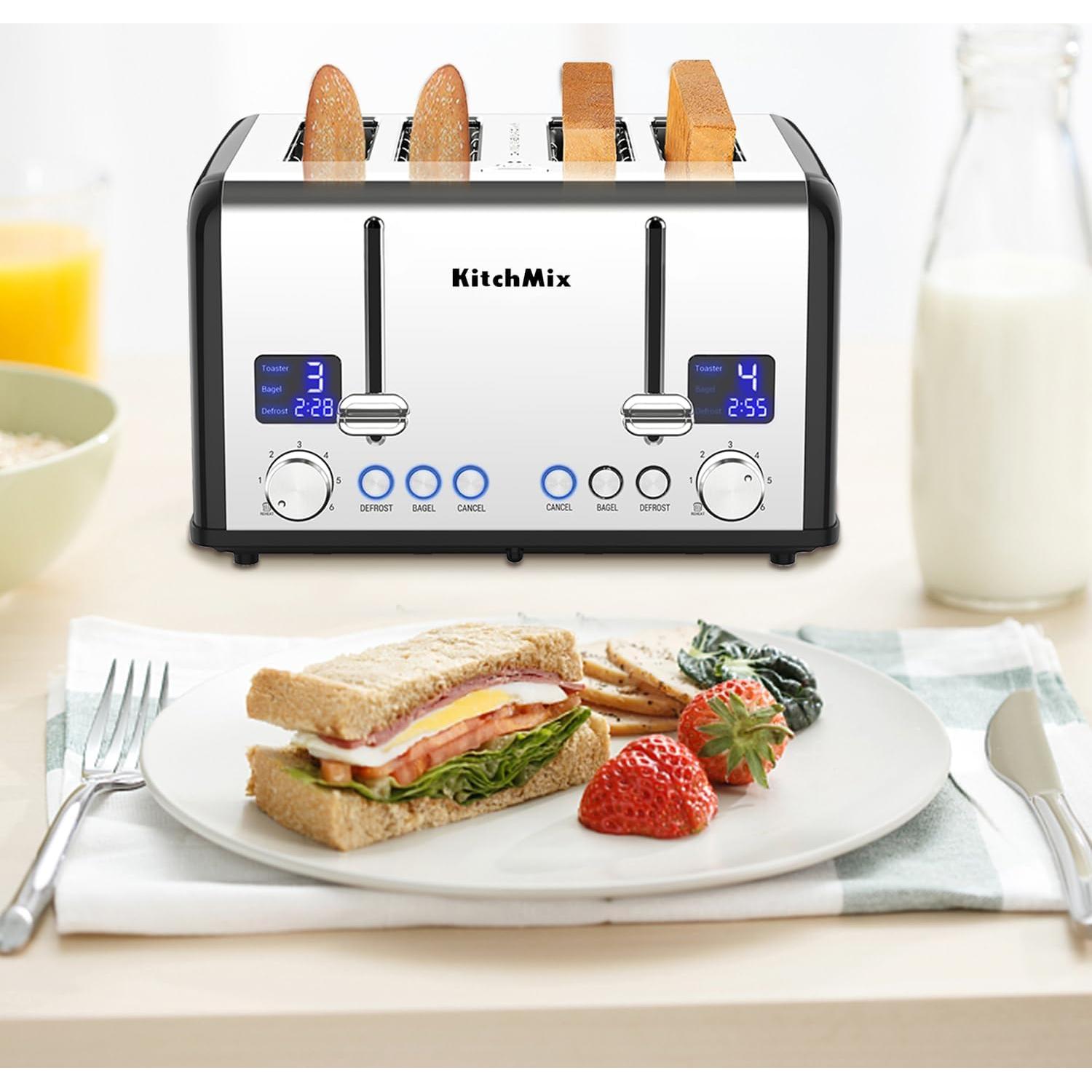 Tostadora KitchMix de 4 rebanadas Acero Inoxidable LCD Negro