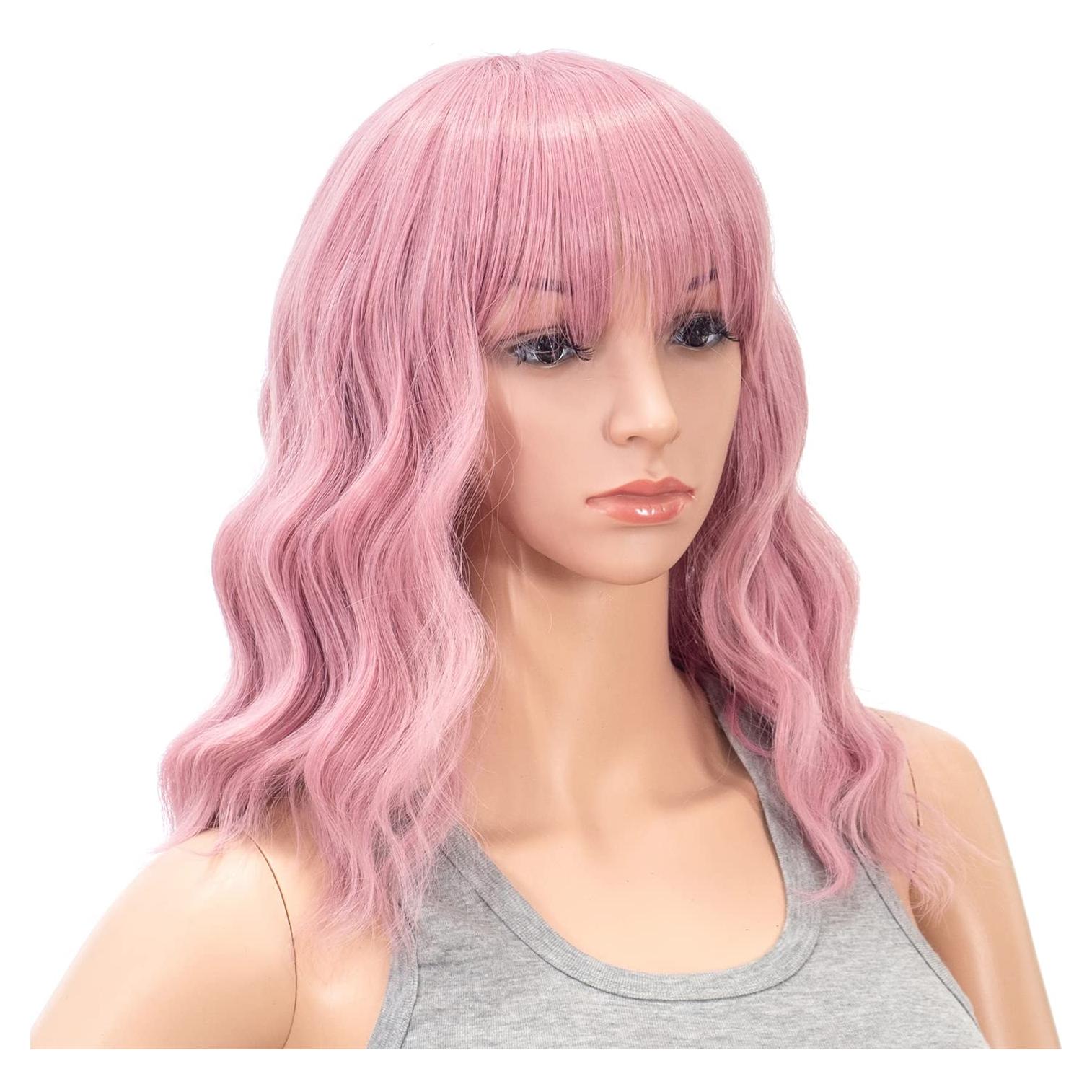 Peluca Bob Ondulada Rizada SWACC Rosa con Tapa Ajustable