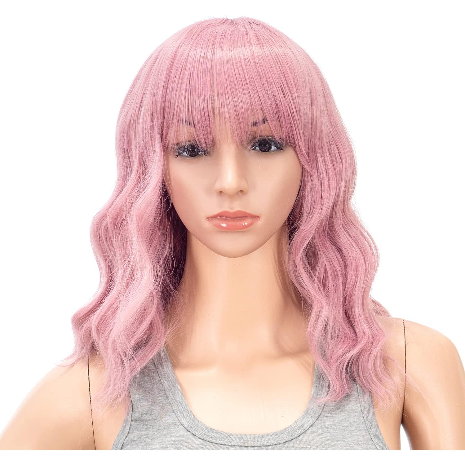 Peluca Bob Ondulada Rizada SWACC Rosa con Tapa Ajustable