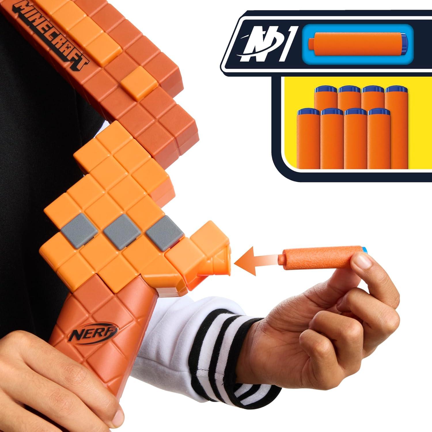 Nerf Minecraft Bow Dart Blaster, Pull-Back String Priming, 8 Nerf N1 Compatible Only with N1 Dart Blasters, Ages 8+