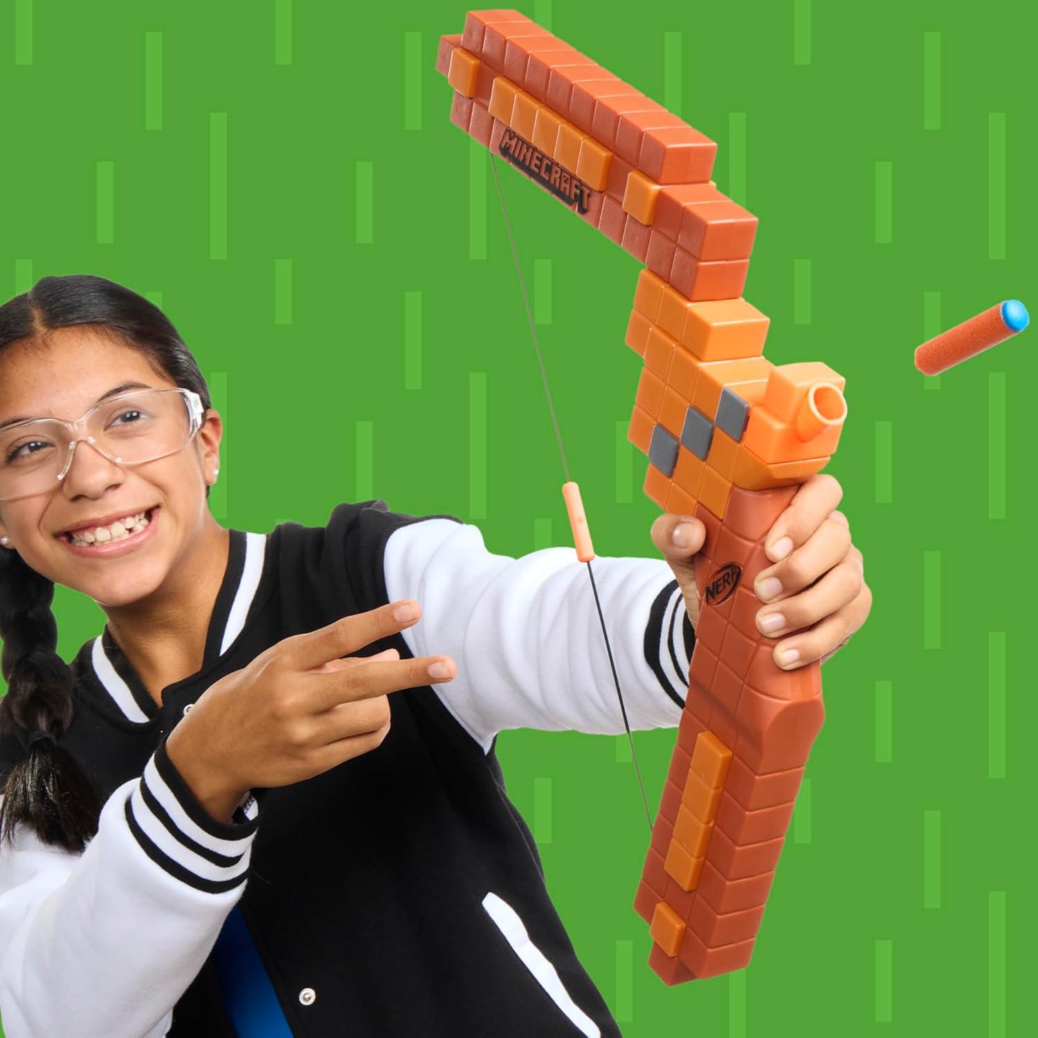 Nerf Minecraft Bow Dart Blaster, Pull-Back String Priming, 8 Nerf N1 Compatible Only with N1 Dart Blasters, Ages 8+