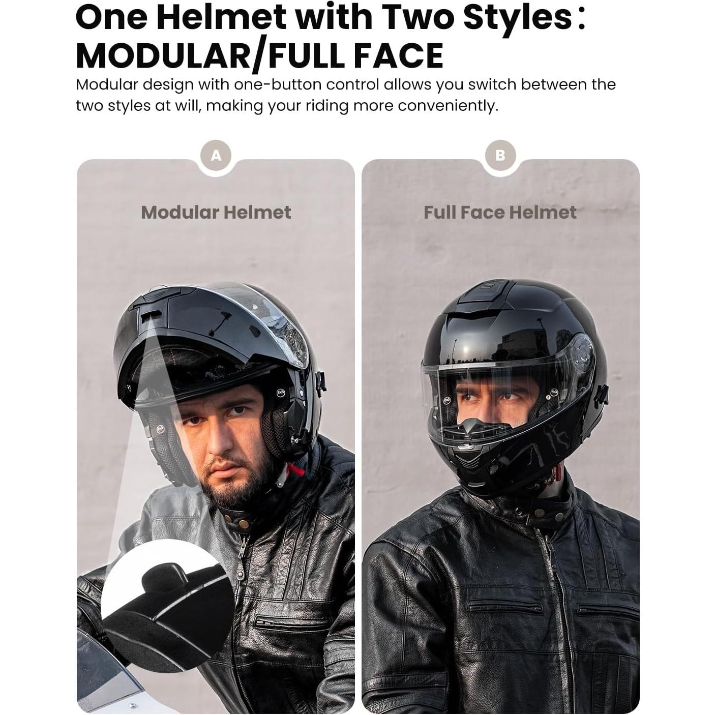 ILM Bluetooth Motorcycle Modular Helmet 2-3 Riders Intercom Flip up Full Face Helmet with Dual Visor DOT Model 159BT(GlossBlack, S)