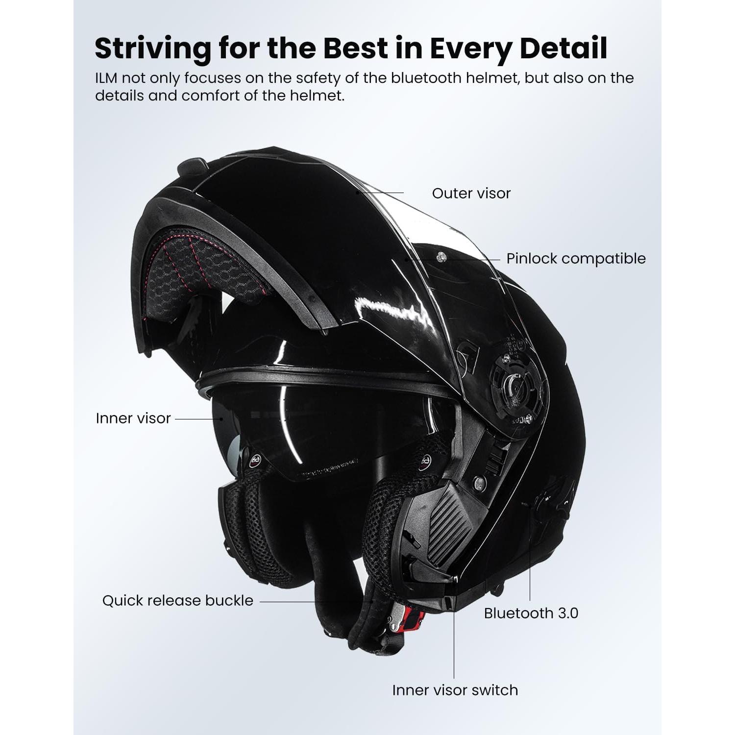 ILM Bluetooth Motorcycle Modular Helmet 2-3 Riders Intercom Flip up Full Face Helmet with Dual Visor DOT Model 159BT(GlossBlack, S)