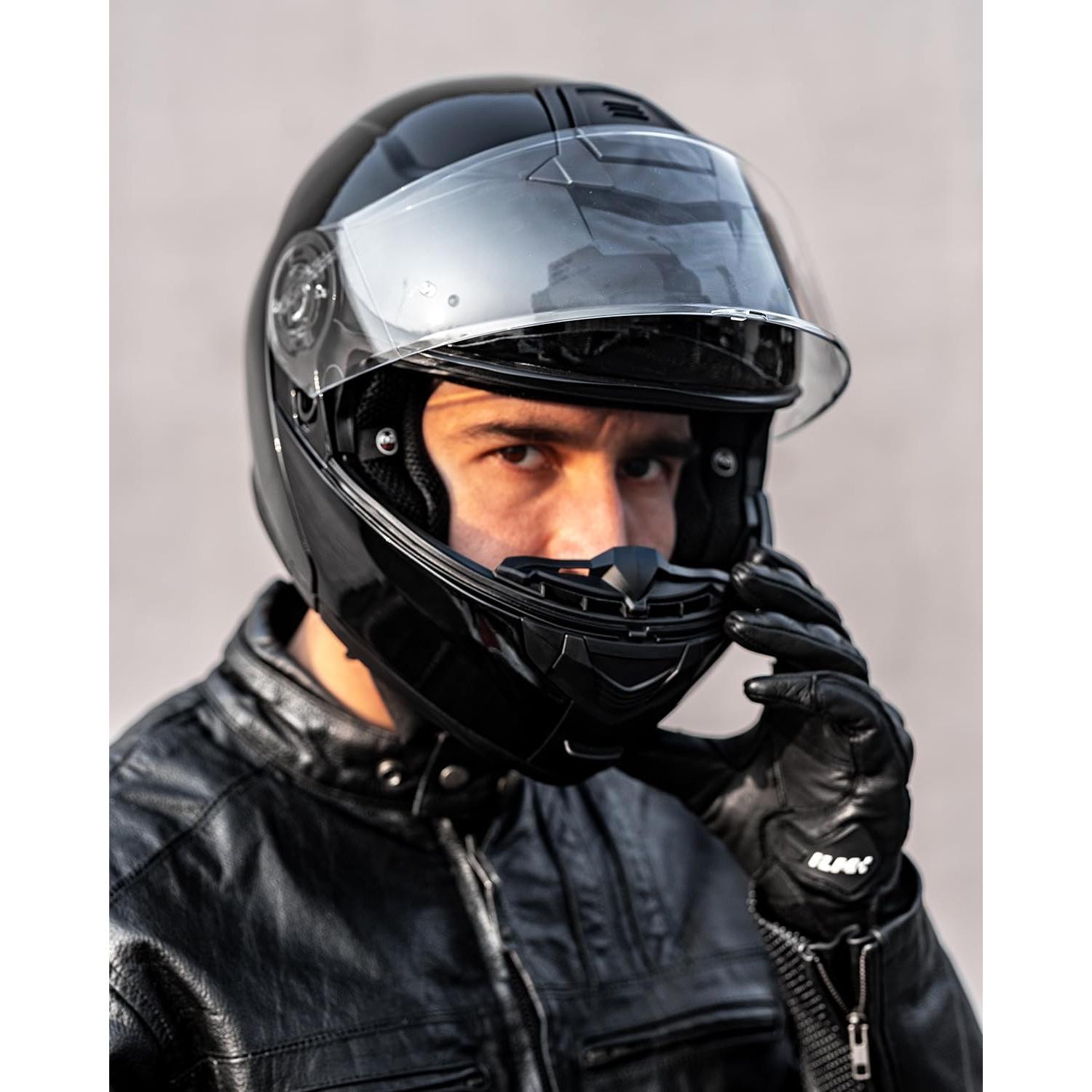 ILM Bluetooth Motorcycle Modular Helmet 2-3 Riders Intercom Flip up Full Face Helmet with Dual Visor DOT Model 159BT(GlossBlack, S)