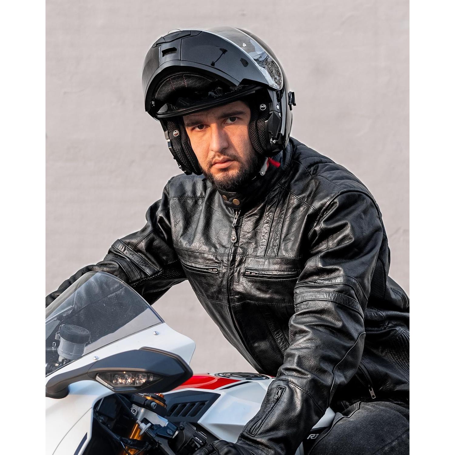 ILM Bluetooth Motorcycle Modular Helmet 2-3 Riders Intercom Flip up Full Face Helmet with Dual Visor DOT Model 159BT(GlossBlack, S)