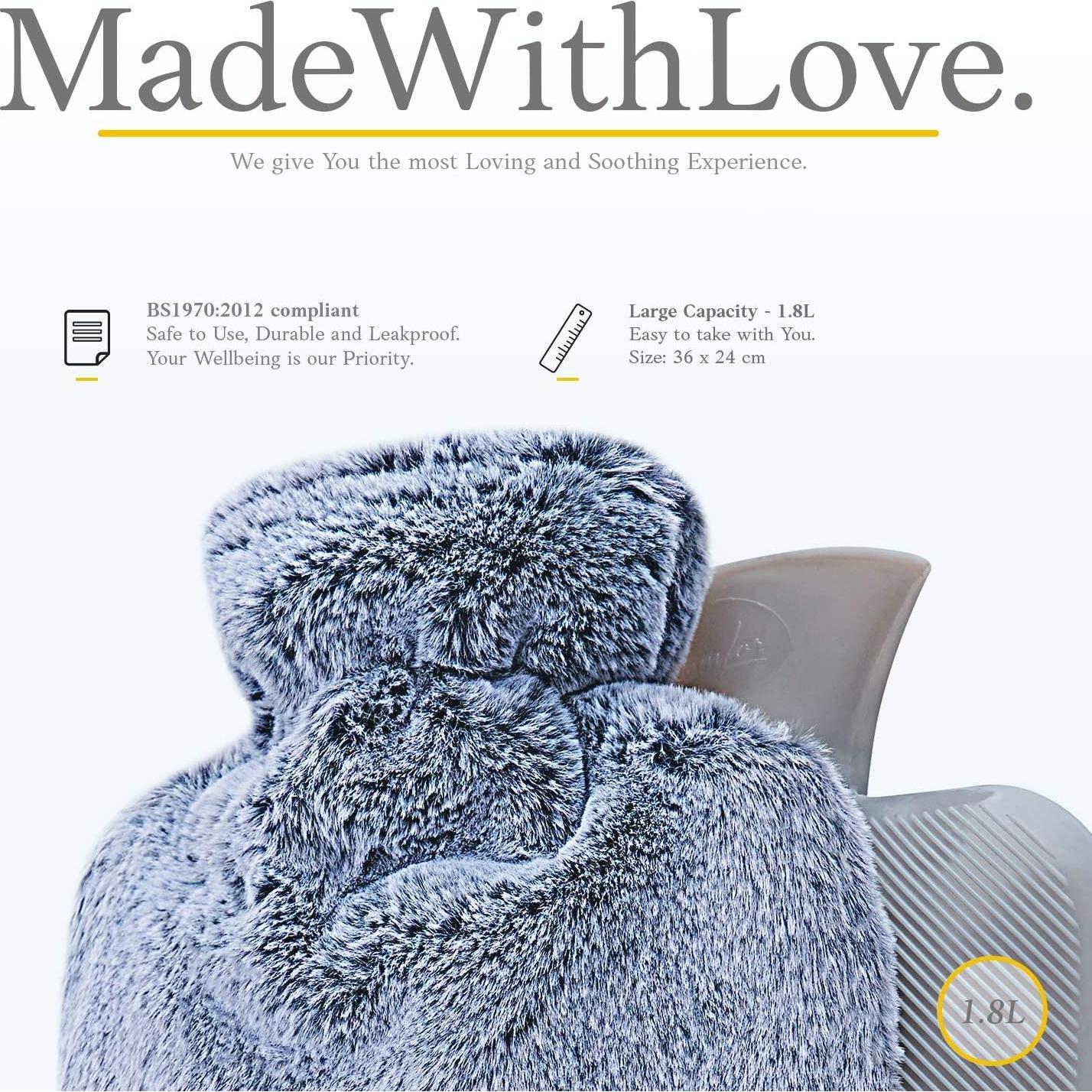 Botella de Agua Caliente Qomfor 1.8L con Funda Suave Azul