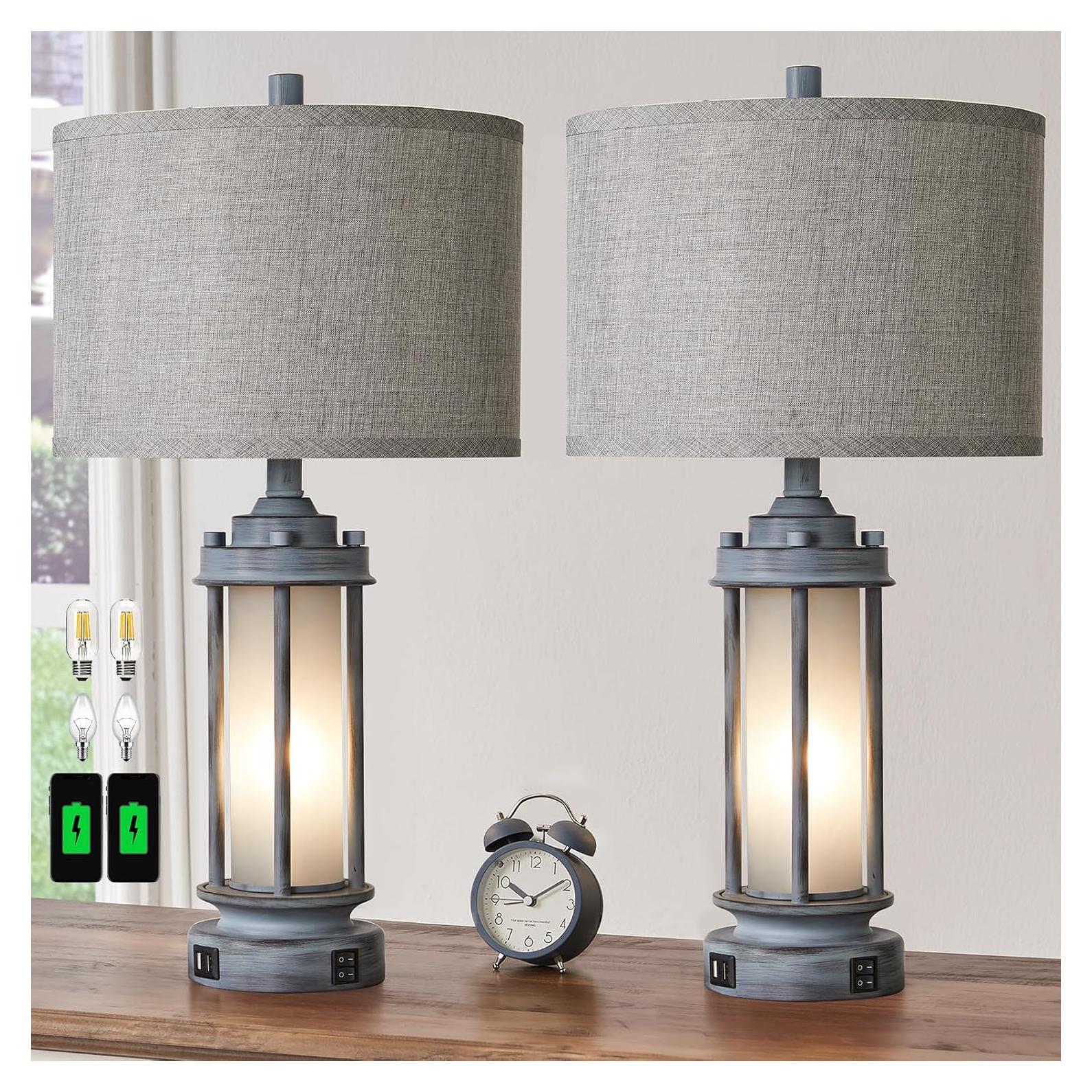 Juego de 2 Lámparas de Mesa Rústicas AIEAMPDO con USB