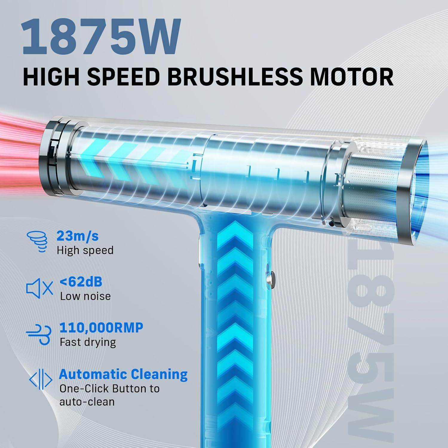 Secador de Pelo Quico 1875W BLDC Silencioso 362g Azul