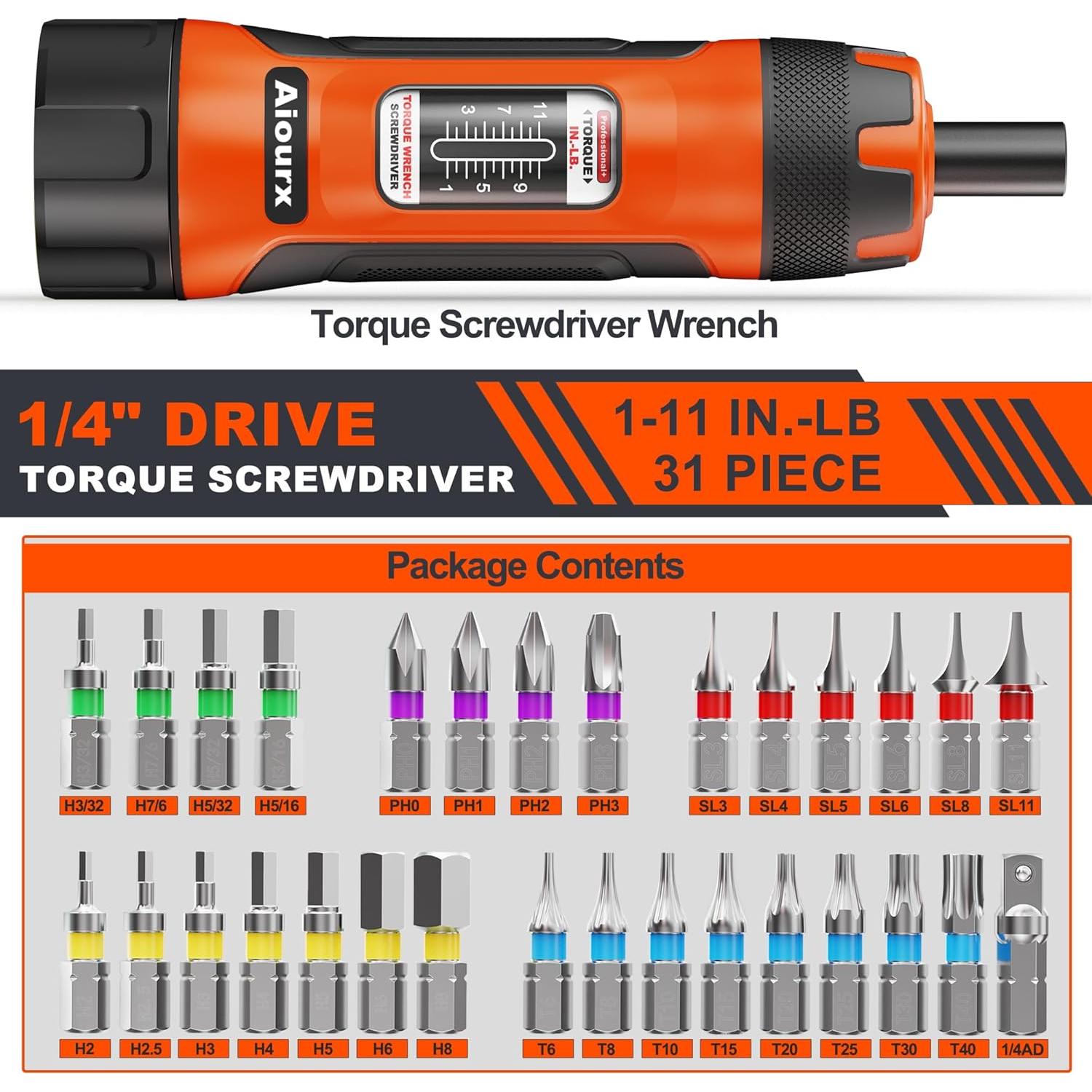 Juego de Destornilladores de Par Aiourx 31 Piezas 1-11 Nm