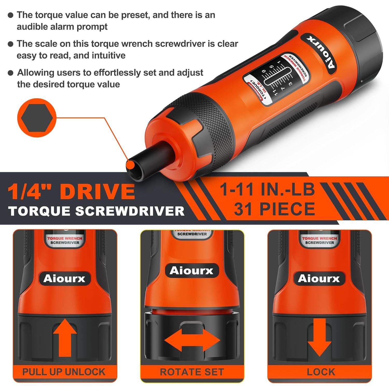 Juego de Destornilladores de Par Aiourx 31 Piezas 1-11 Nm