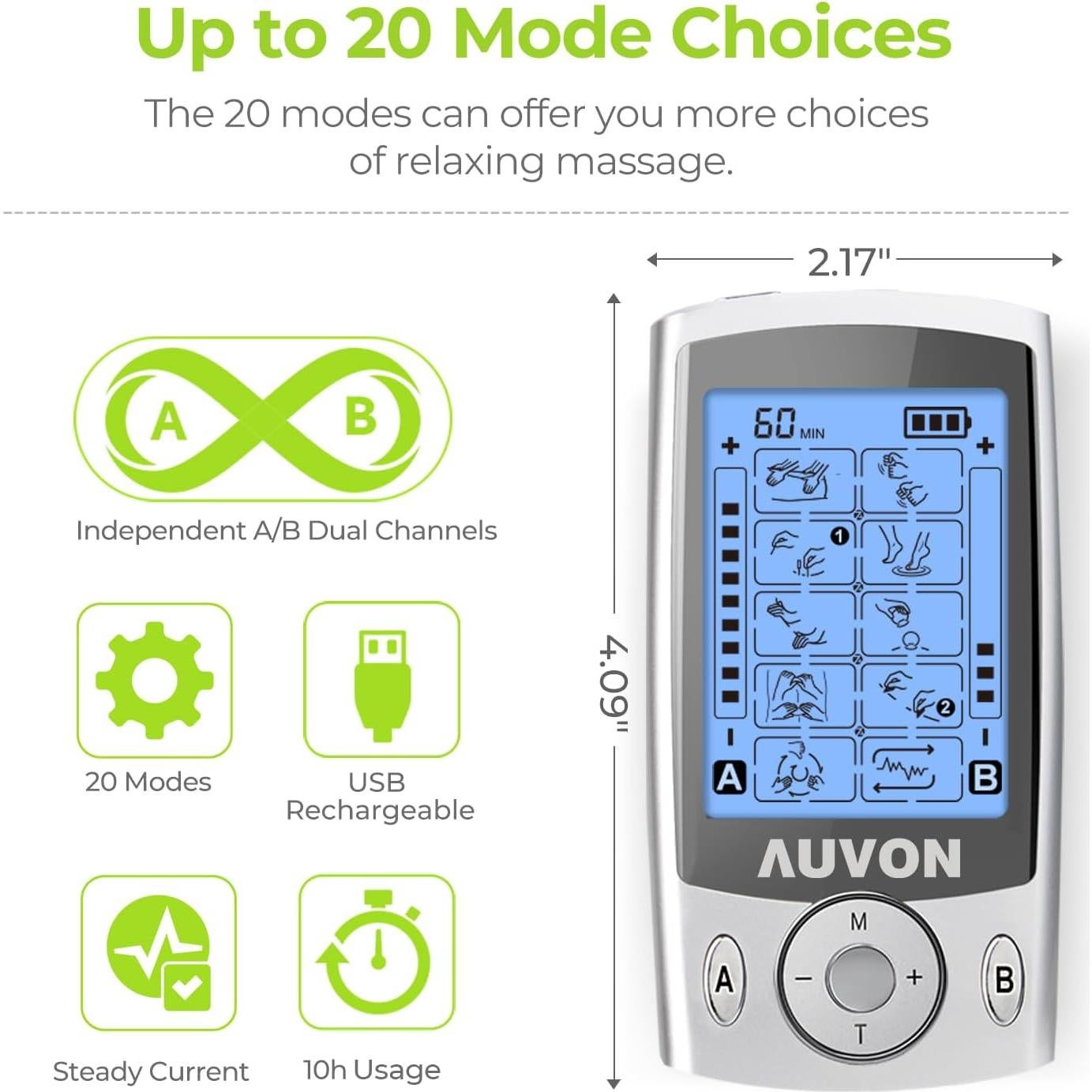 AUVON Estimulador Muscular TENS Doble Canal 20 Modos
