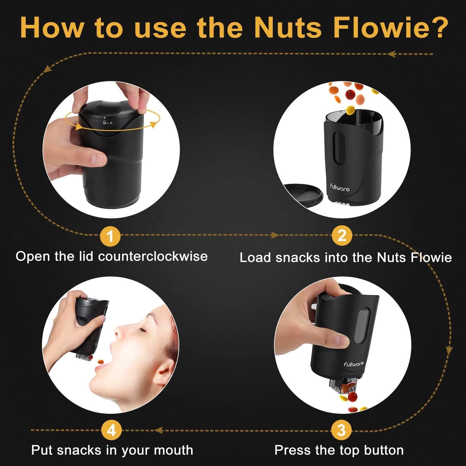 Dispensador de Snacks 9 oz Nuts Flowie Negro - Mantiene Manos Limpias