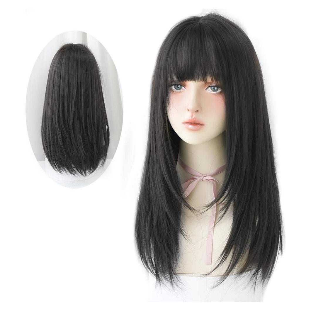 Peluca Larga Negra Lisa HUAISU con Flequillo Sintética