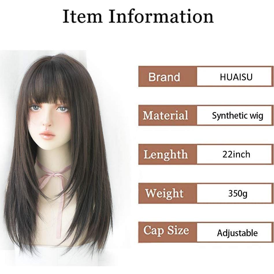 Peluca Larga Negra Lisa HUAISU con Flequillo Sintética
