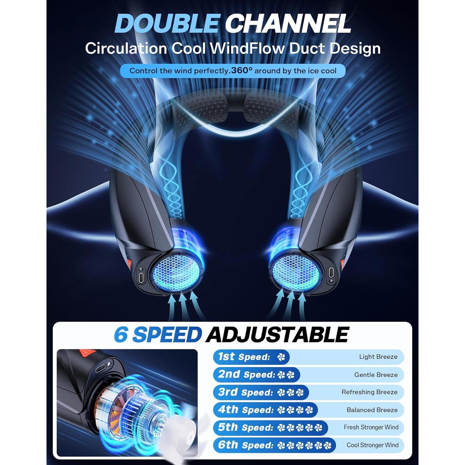 Ventilador de Cuello Portátil Laimiod Q9 con Luz LED y 6 Velocidades