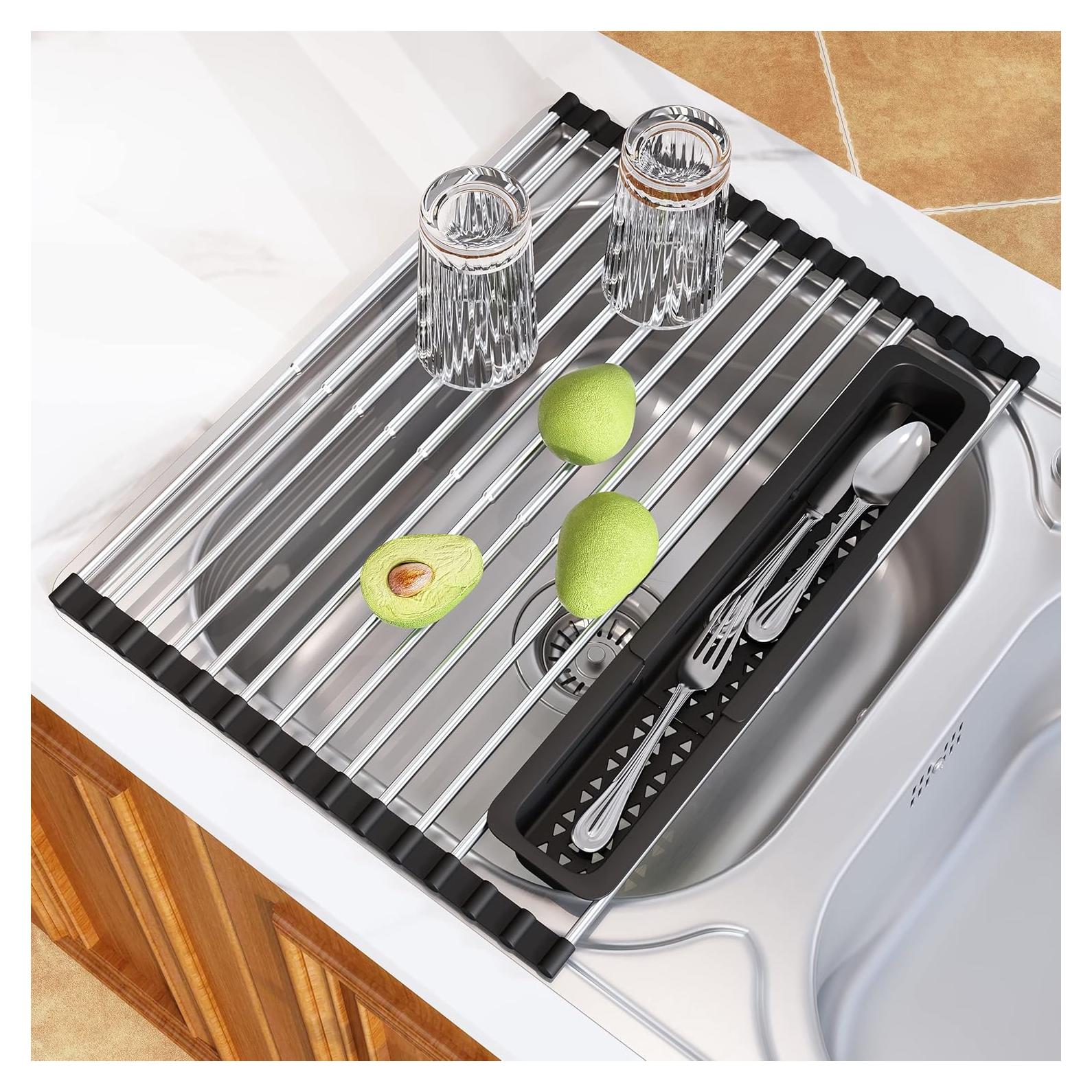 Roll Up Dish Drying Rack, Expandable 304 Stainless Steel Portable Over The Sink Dish Drainer for Kitchen Sink Counter, Foldable Sink Cover with Removable Utensil Holder (12.8"-23.3")