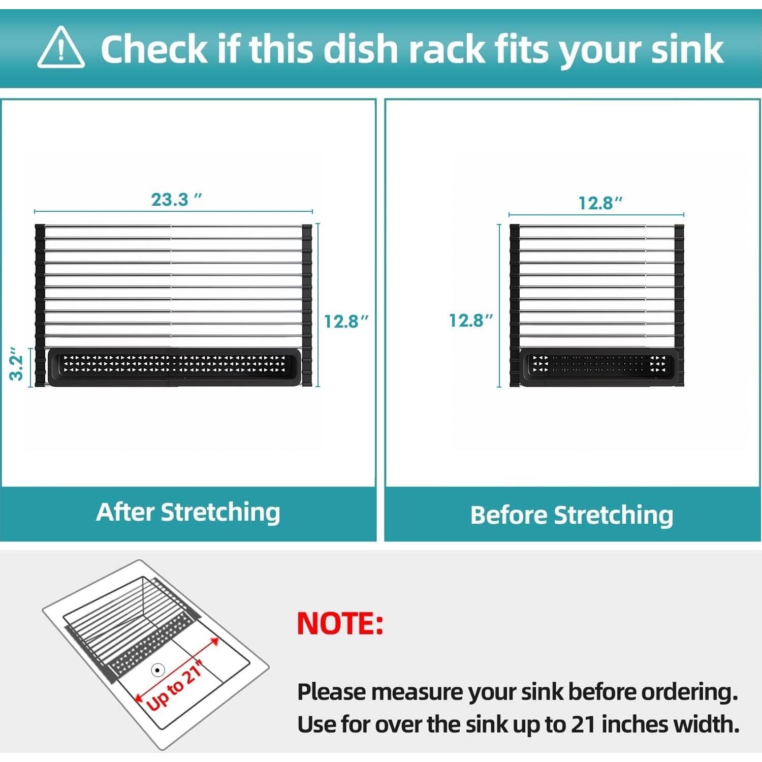 Roll Up Dish Drying Rack, Expandable 304 Stainless Steel Portable Over The Sink Dish Drainer for Kitchen Sink Counter, Foldable Sink Cover with Removable Utensil Holder (12.8"-23.3")