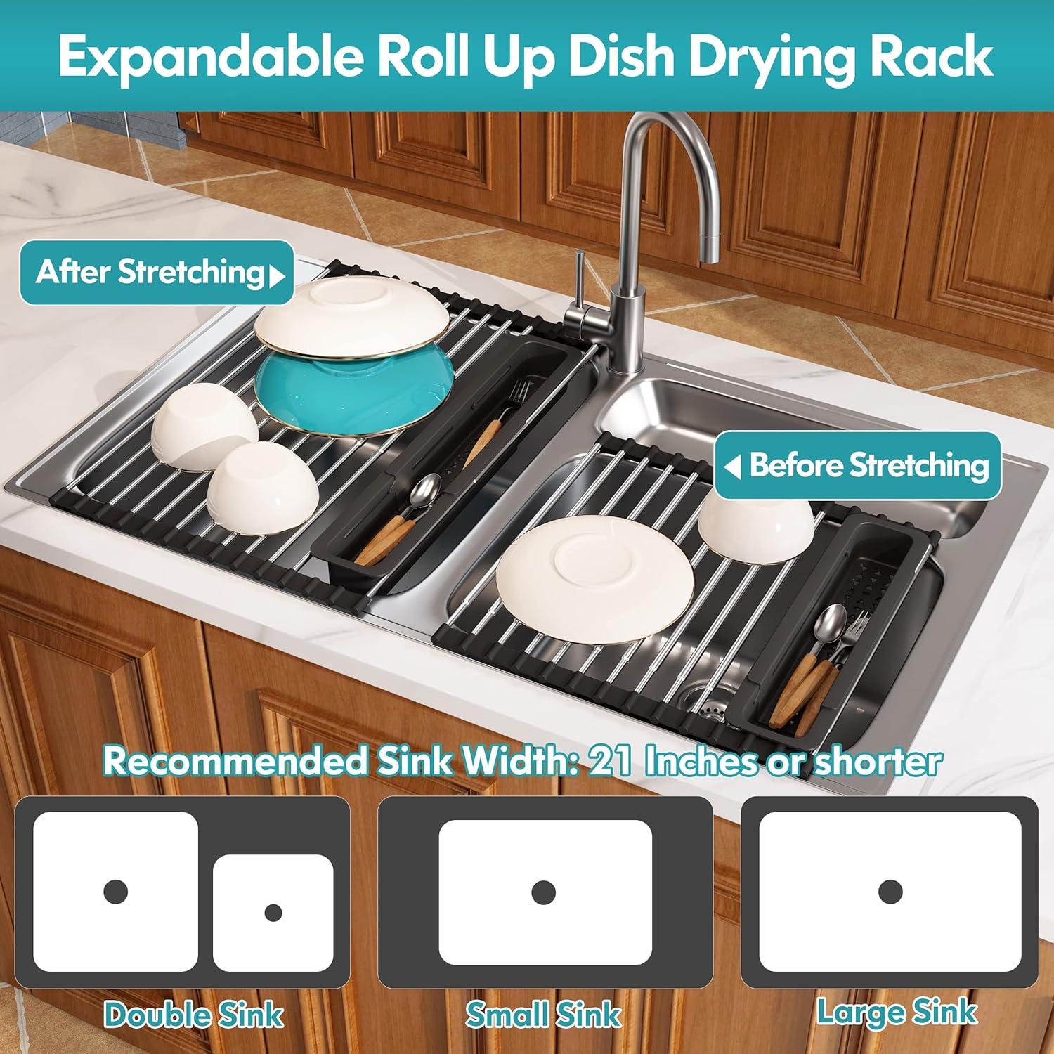 Roll Up Dish Drying Rack, Expandable 304 Stainless Steel Portable Over The Sink Dish Drainer for Kitchen Sink Counter, Foldable Sink Cover with Removable Utensil Holder (12.8"-23.3")