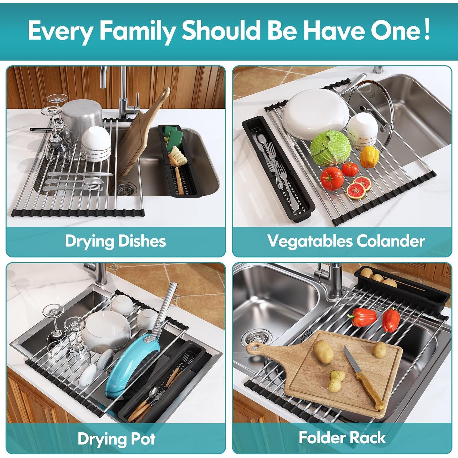 Roll Up Dish Drying Rack, Expandable 304 Stainless Steel Portable Over The Sink Dish Drainer for Kitchen Sink Counter, Foldable Sink Cover with Removable Utensil Holder (12.8"-23.3")