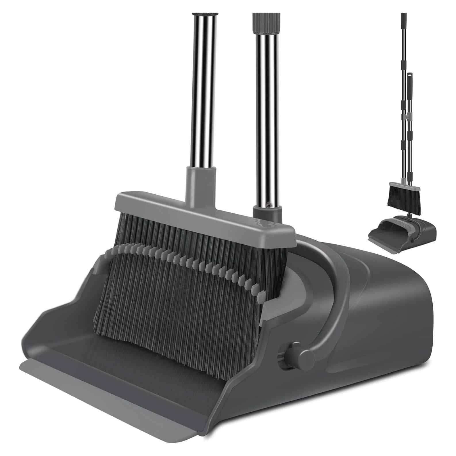 kelamayi Broom and Dustpan Set for Home, Office, Indoor&Outdoor Sweeping, Stand Up Broom and Dustpan (Black&Gray)
