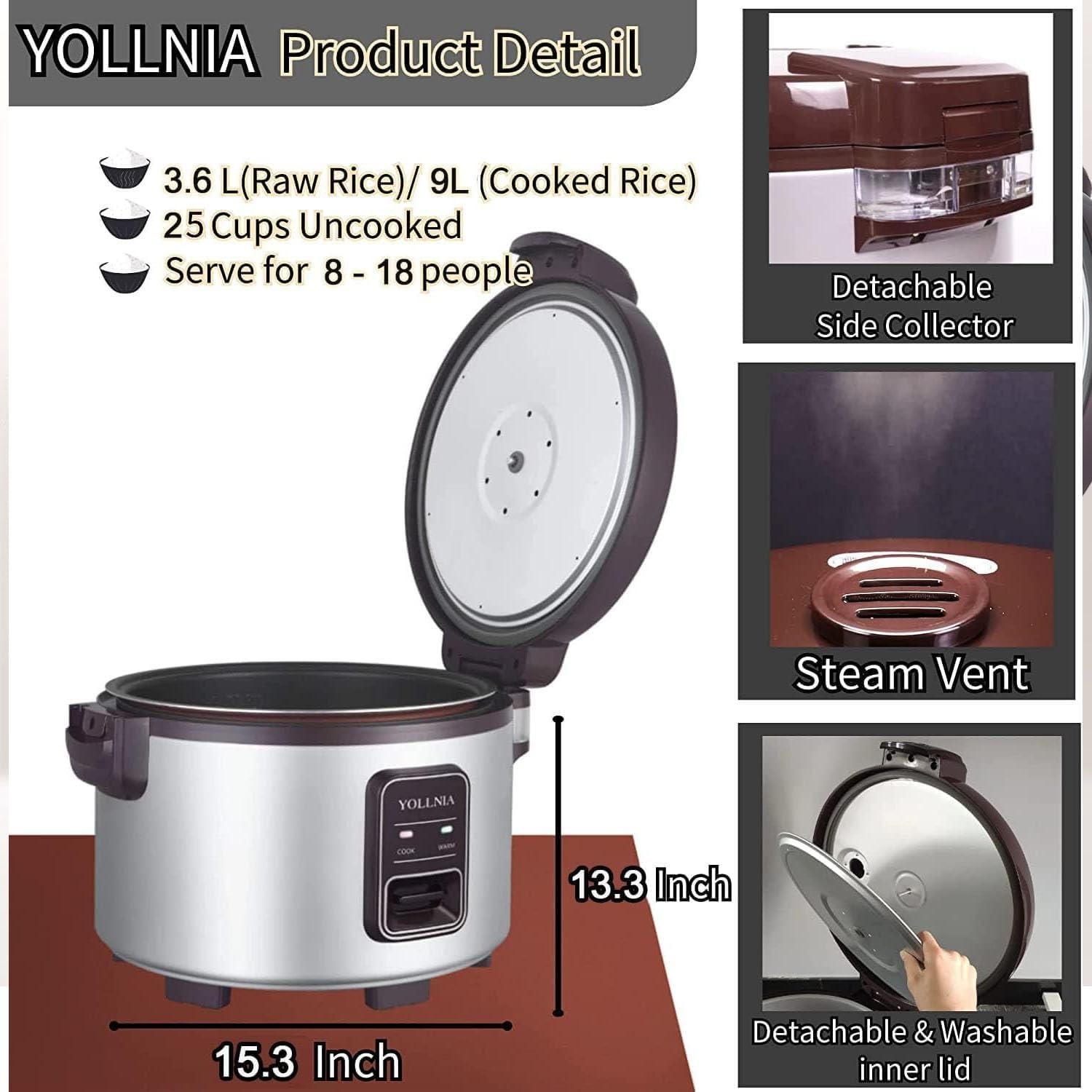 Cocedor de Arroz YOLLNIA 9L 1200W para Restaurante 45 Tazas