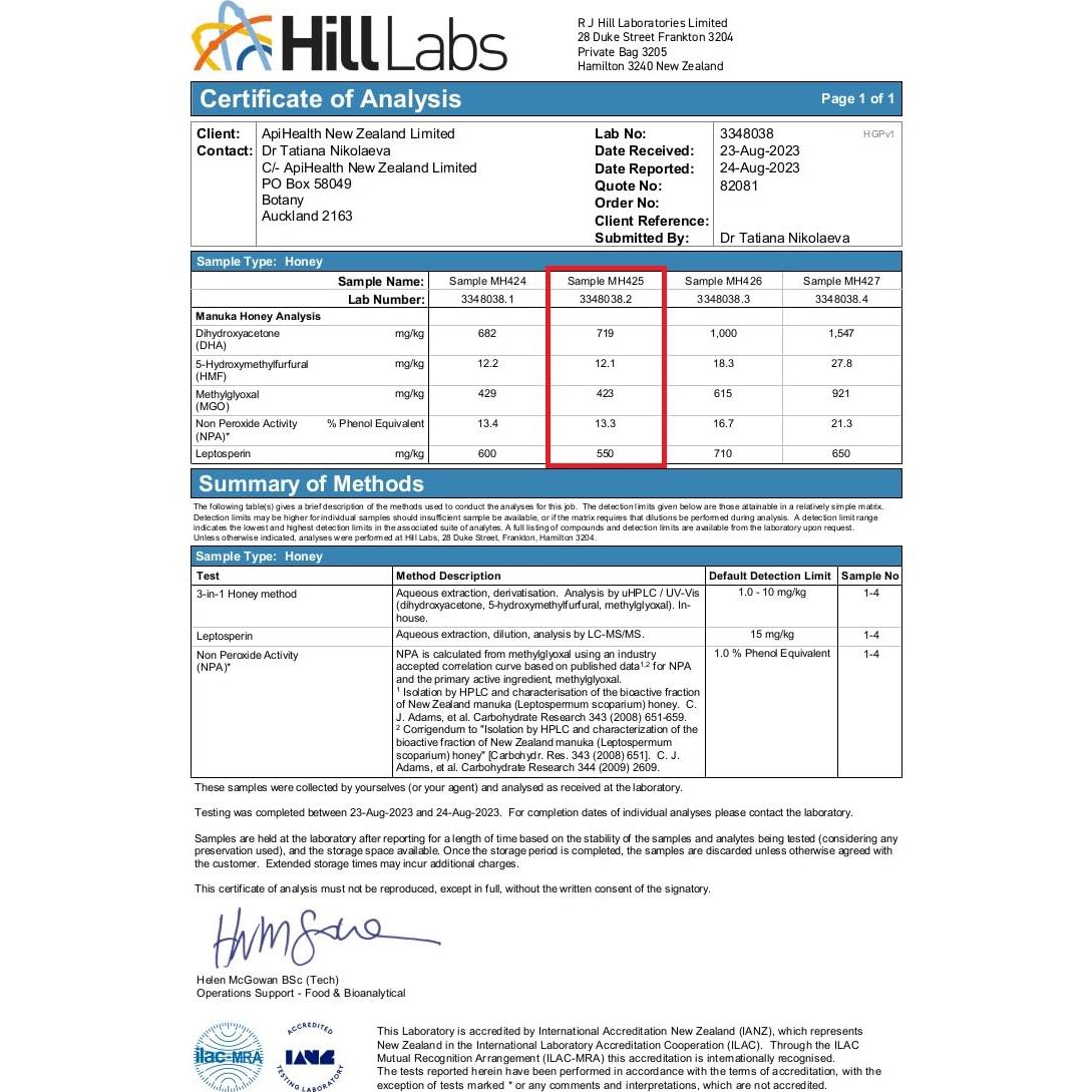 Miel de Manuka UMF 10+ API Health 500g Pura de Nueva Zelanda