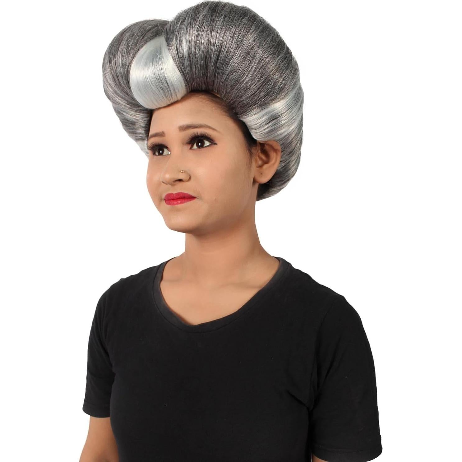 Peluca Malvada Madrastra HPO Pompadour Corazón Gris Plateado