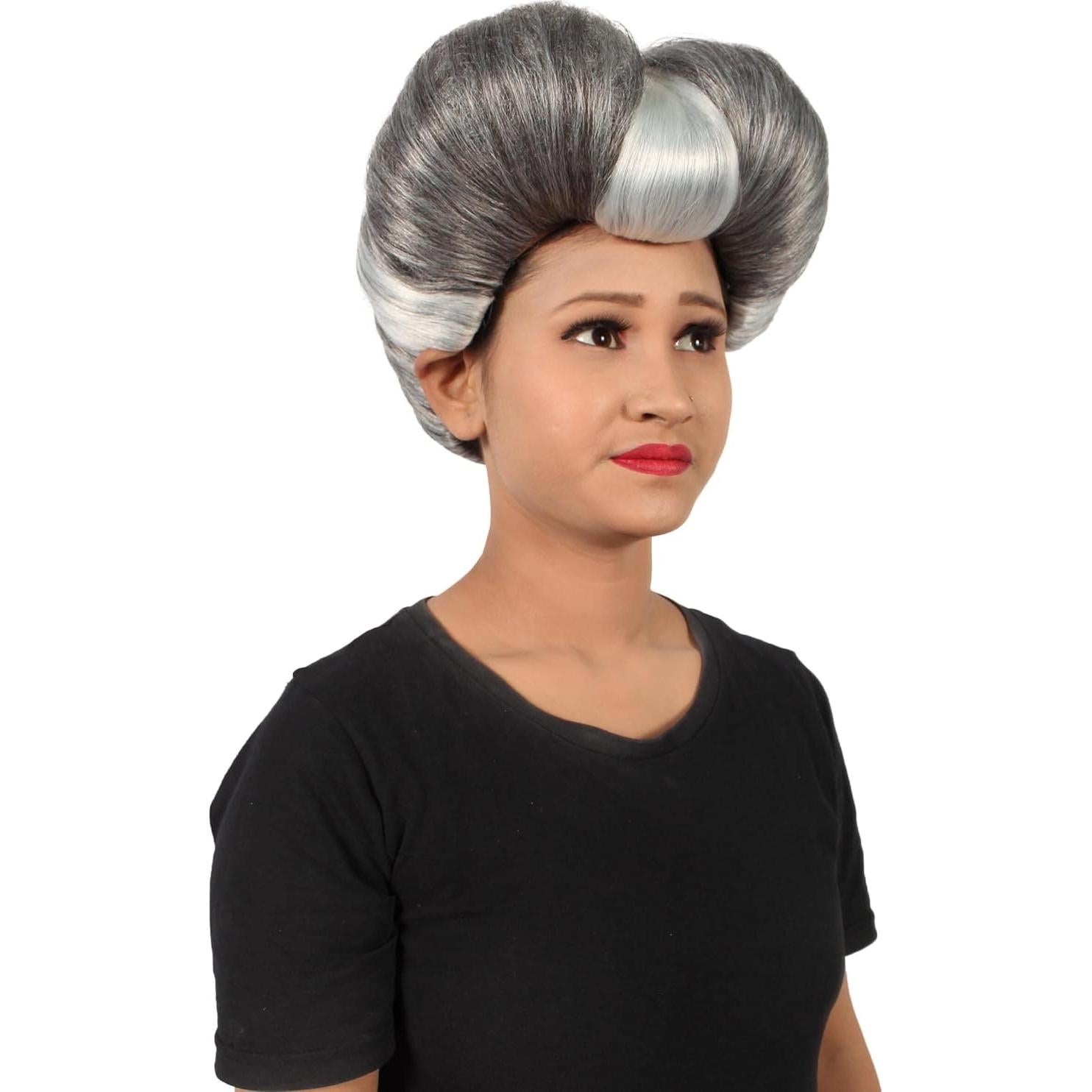 Peluca Malvada Madrastra HPO Pompadour Corazón Gris Plateado