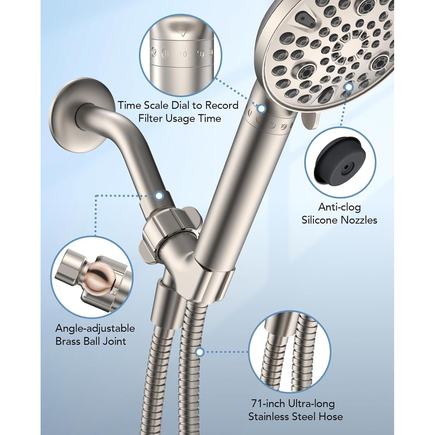 Cabezal de Ducha de Mano MakeFit con Filtro Níquel Cepillado 10 Modos