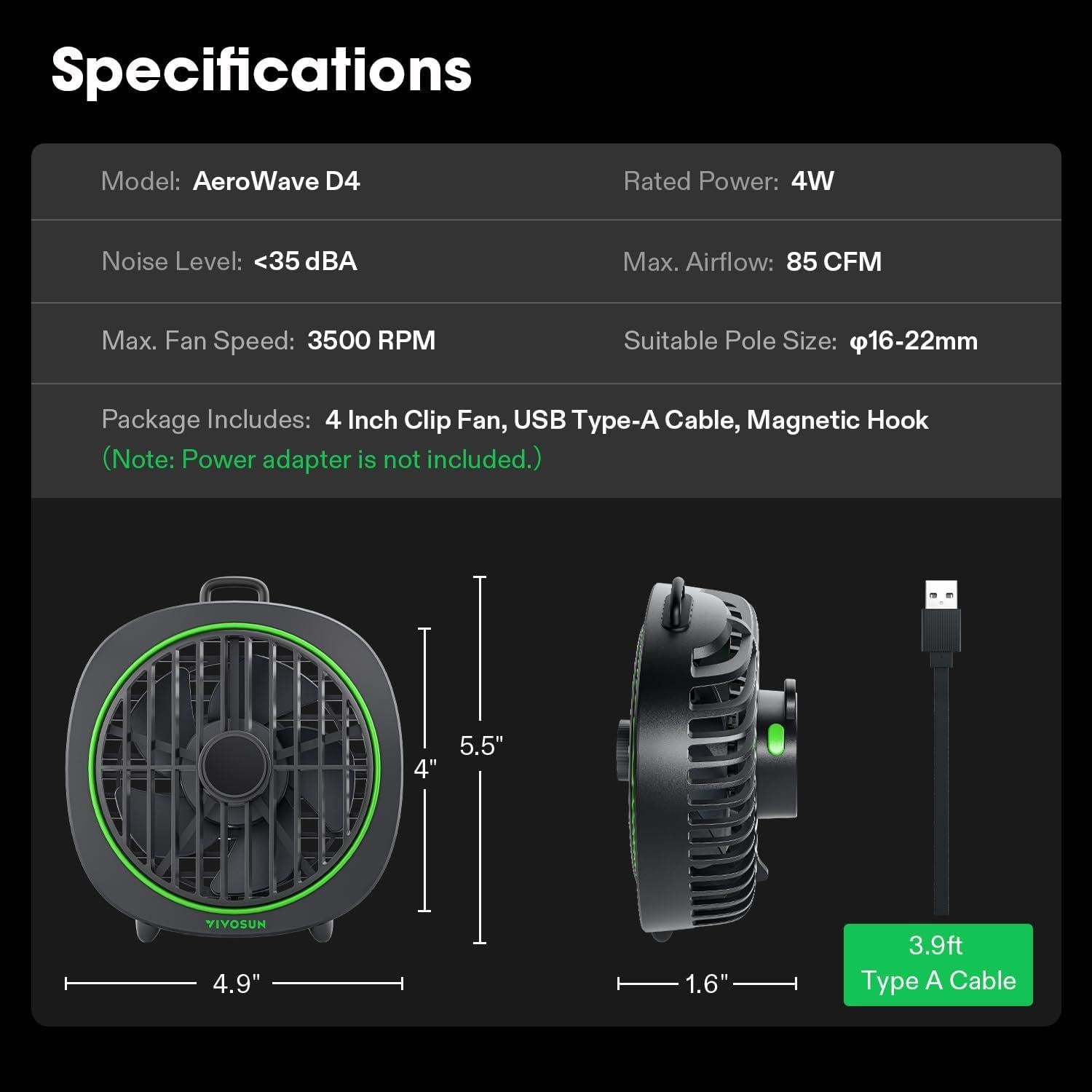 Ventilador de Clip VIVOSUN D4 10 cm 3 Velocidades Ajustable