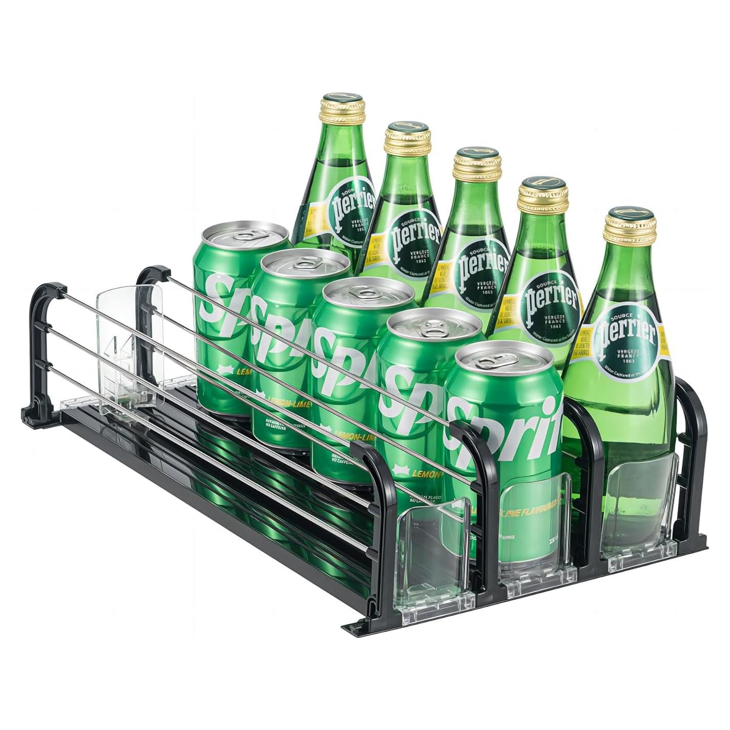 Drink Organizer for Fridge, Soda Can Dispenser for Fridge, Refrigerator Drink Dispenser with Self-Pushing Glide Black (3 Rows)