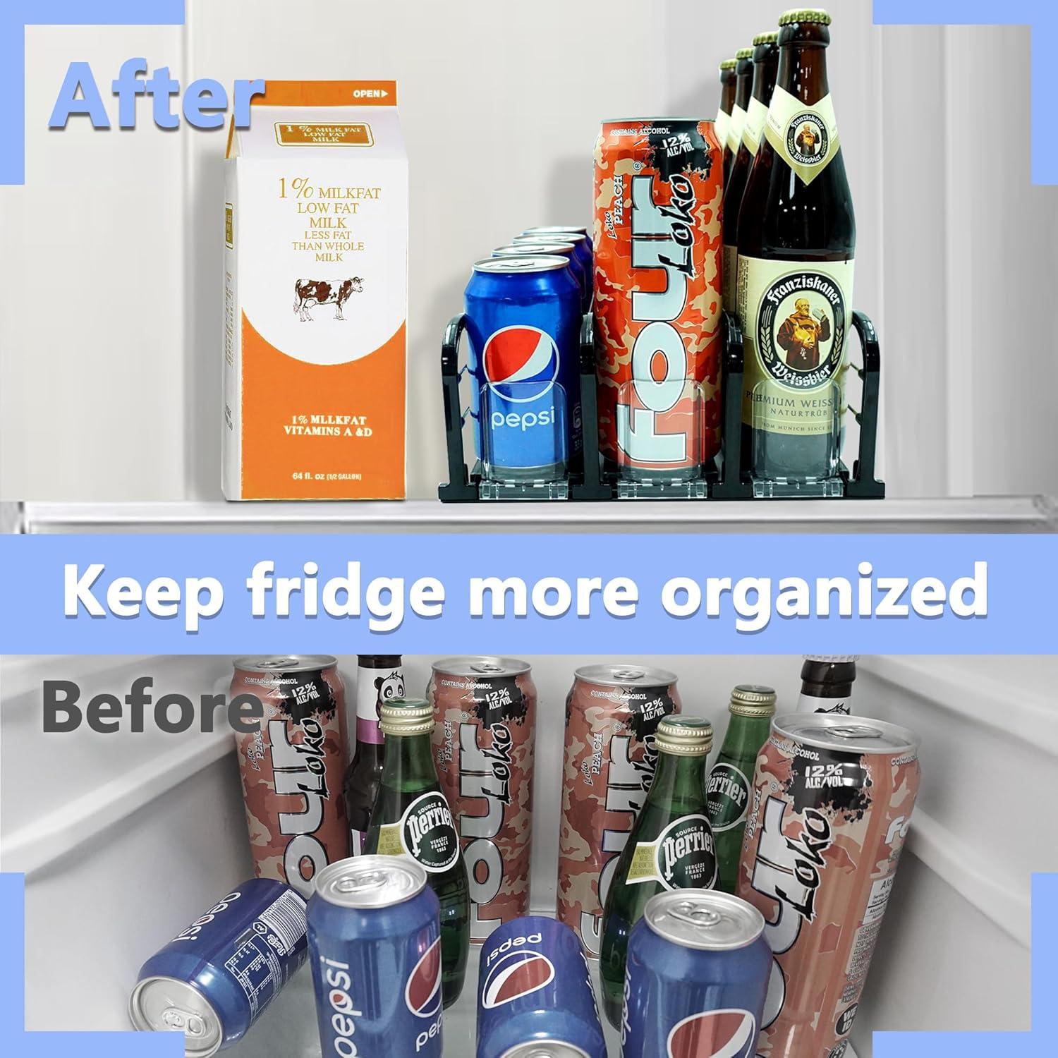 Drink Organizer for Fridge, Soda Can Dispenser for Fridge, Refrigerator Drink Dispenser with Self-Pushing Glide Black (3 Rows)